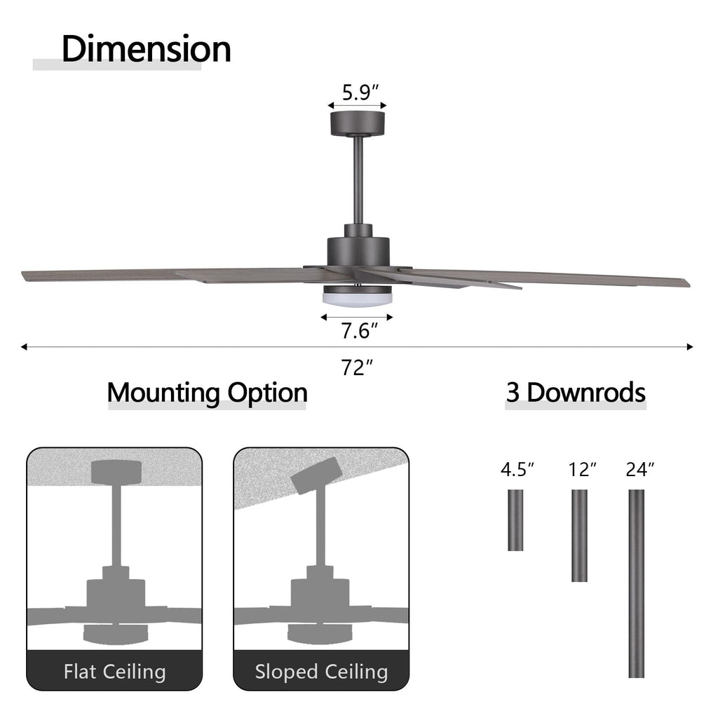 WINGBO 60" Ceiling Fan with Light and Remote Control, 6 Speed Reversible DC Motor, Dimmable LED Light, for Home and Commercial Use, Living Room/Shop/Warehouse Black/Walnut