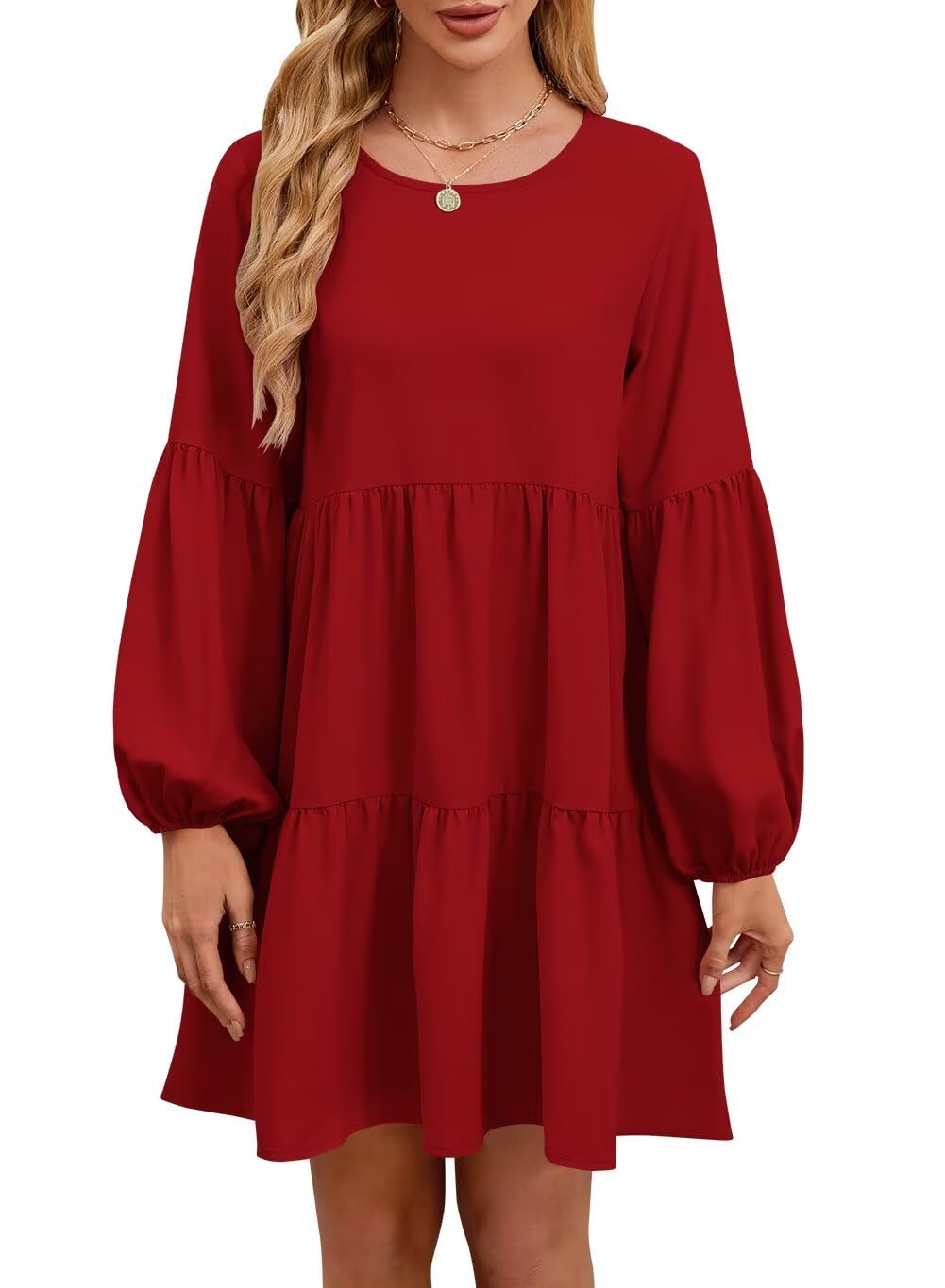 QACOHU Falll Dresses for Women 2026 Crew Neck Long Lantern Sleeve Casual Loose Flowy Swing Shift Dress