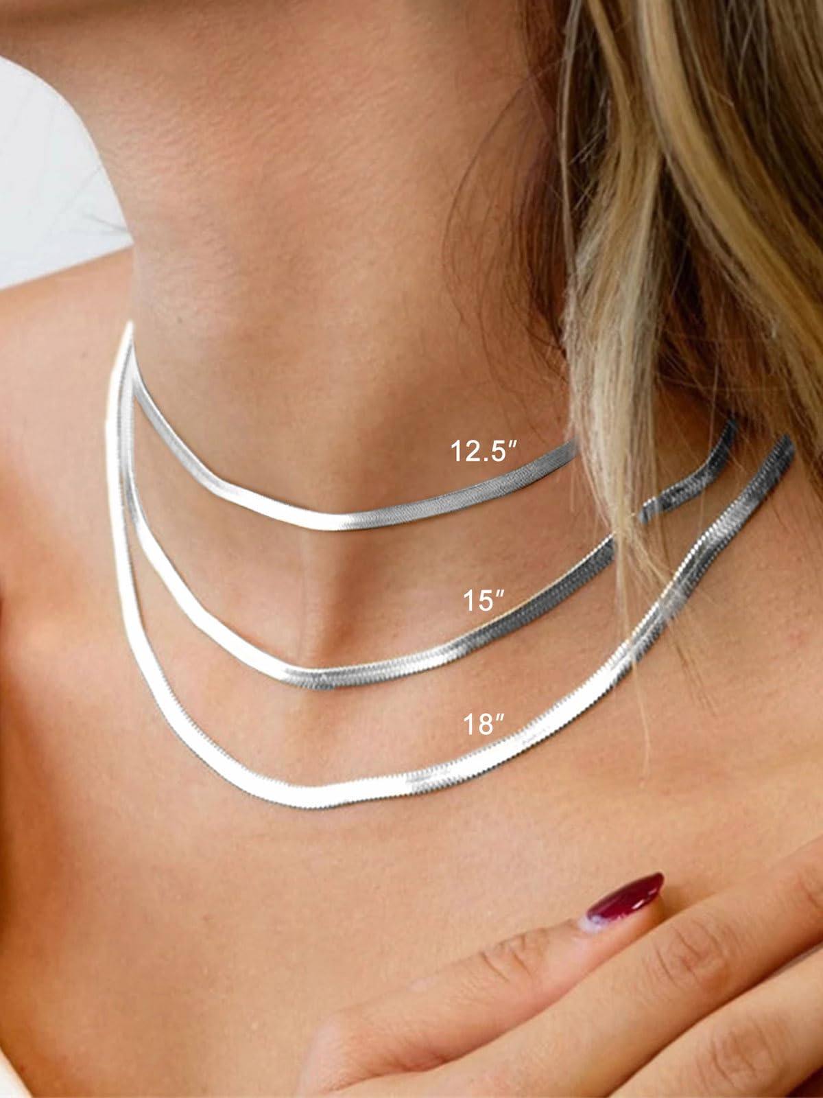 FOCALOOK 14K Gold Plated Necklaces for Women, Fashion Herringbone Choker Necklace Stainless Steel Flat Snake Chain 3/5MM(W) 12.5"/15"/18"+3.5"(L)