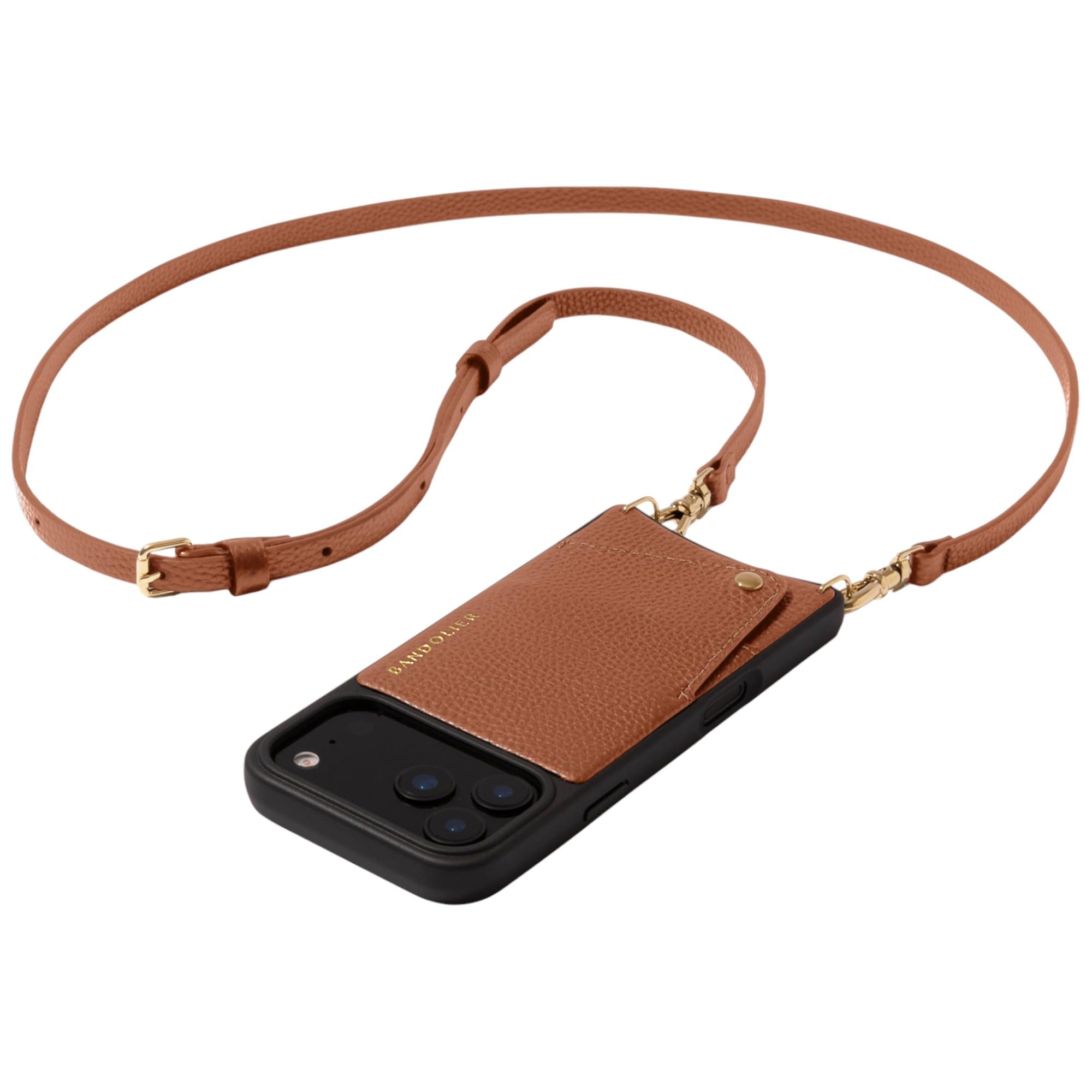 Bandolier Emma Crossbody Wallet Phone Case for iPhone 15 Pro Max. 100% Genuine Pebble Leather. Adjustable & Removable Crossbody Strap. Card Holder with Snap Closure. Black with Gold Hardware