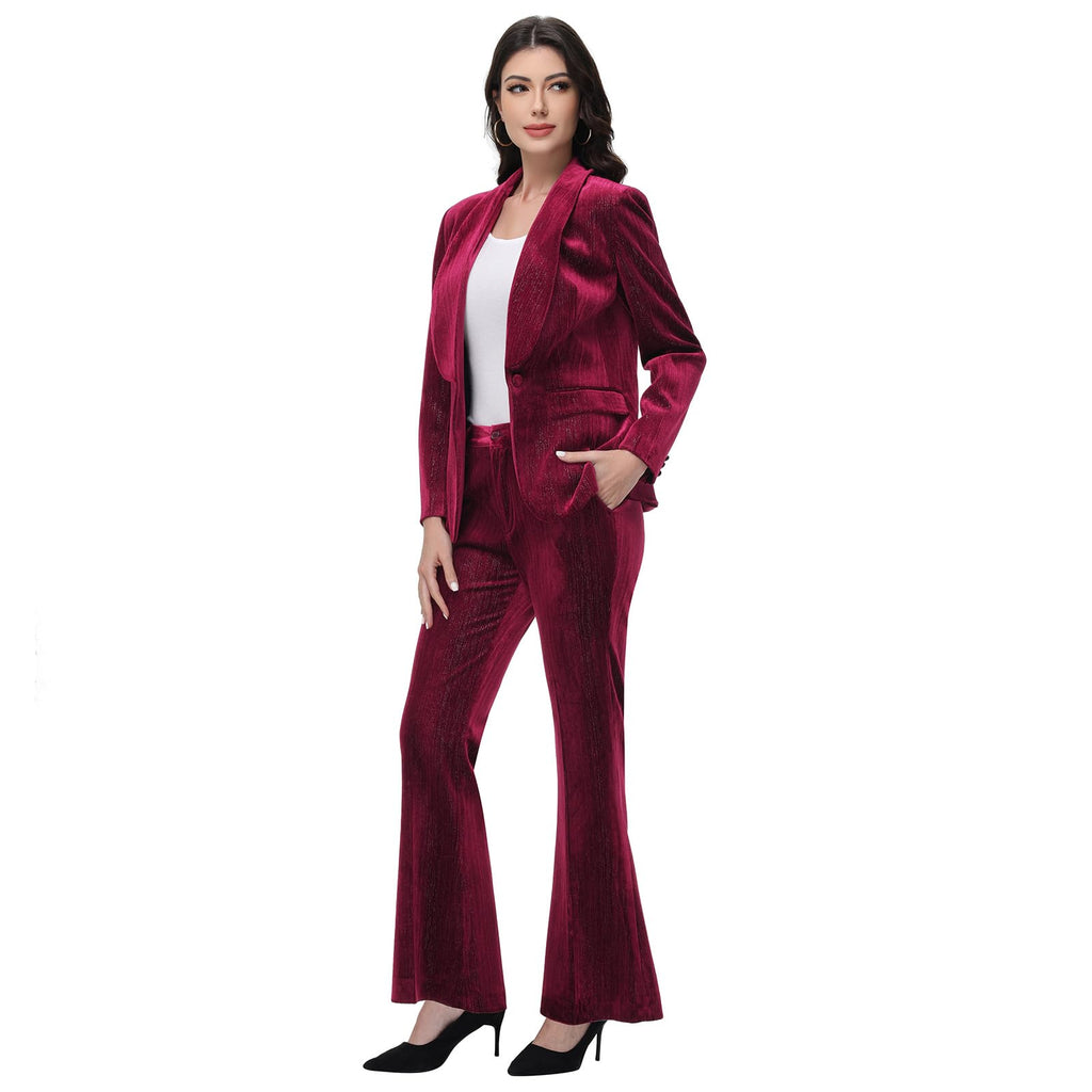 Lamgool Women Pantsuit Dressy Silver Thread Velvet 2 Piece Suit Set Blazer and Flared Pants