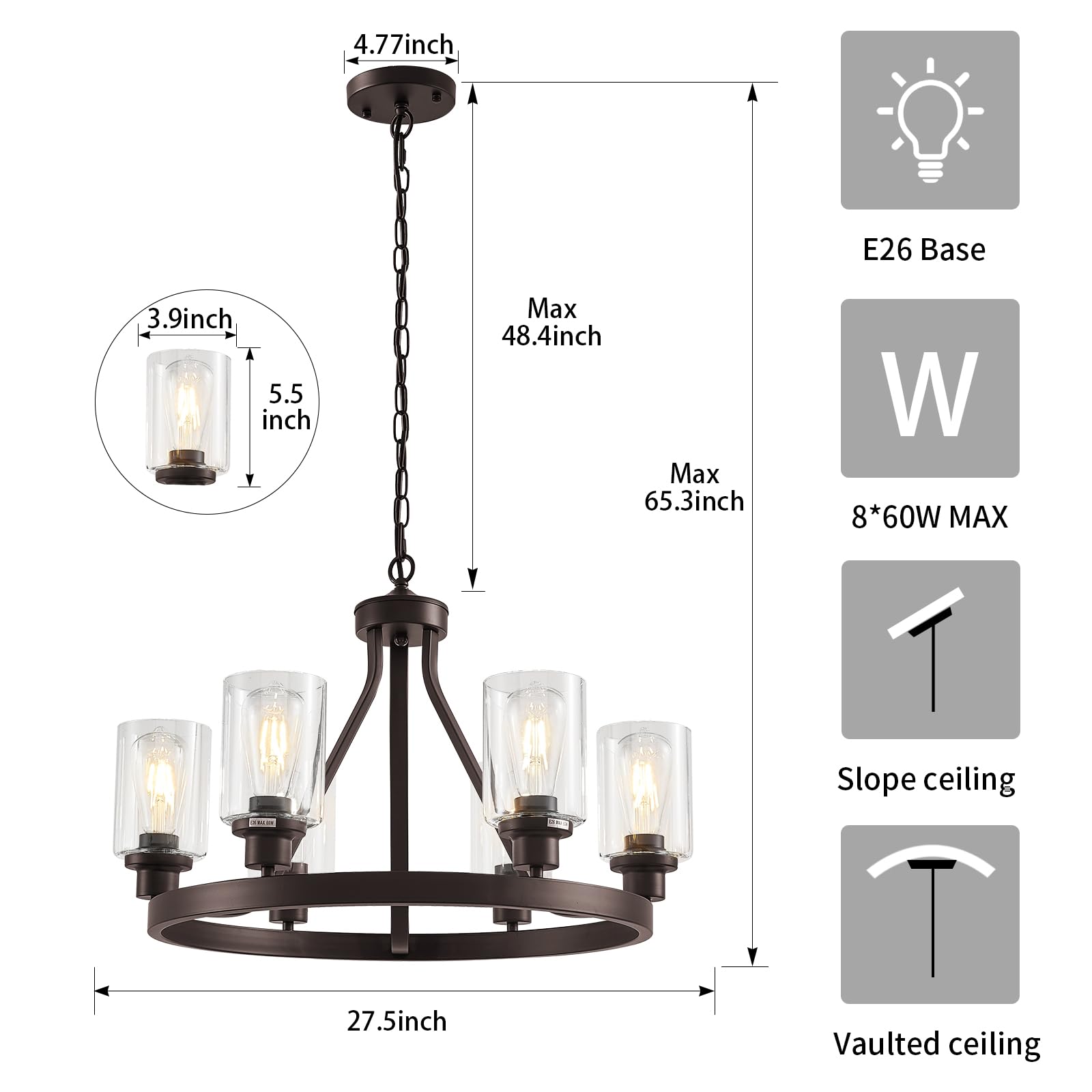 Lanhall 6-Light Modern Dining Room Light Fixture Brushed Nickel Kitchen Chandelier Ceiling Hanging Pendant Lighting with Glass Shade for Living Room Bedroom Entryway Adjustable Height Metal E26