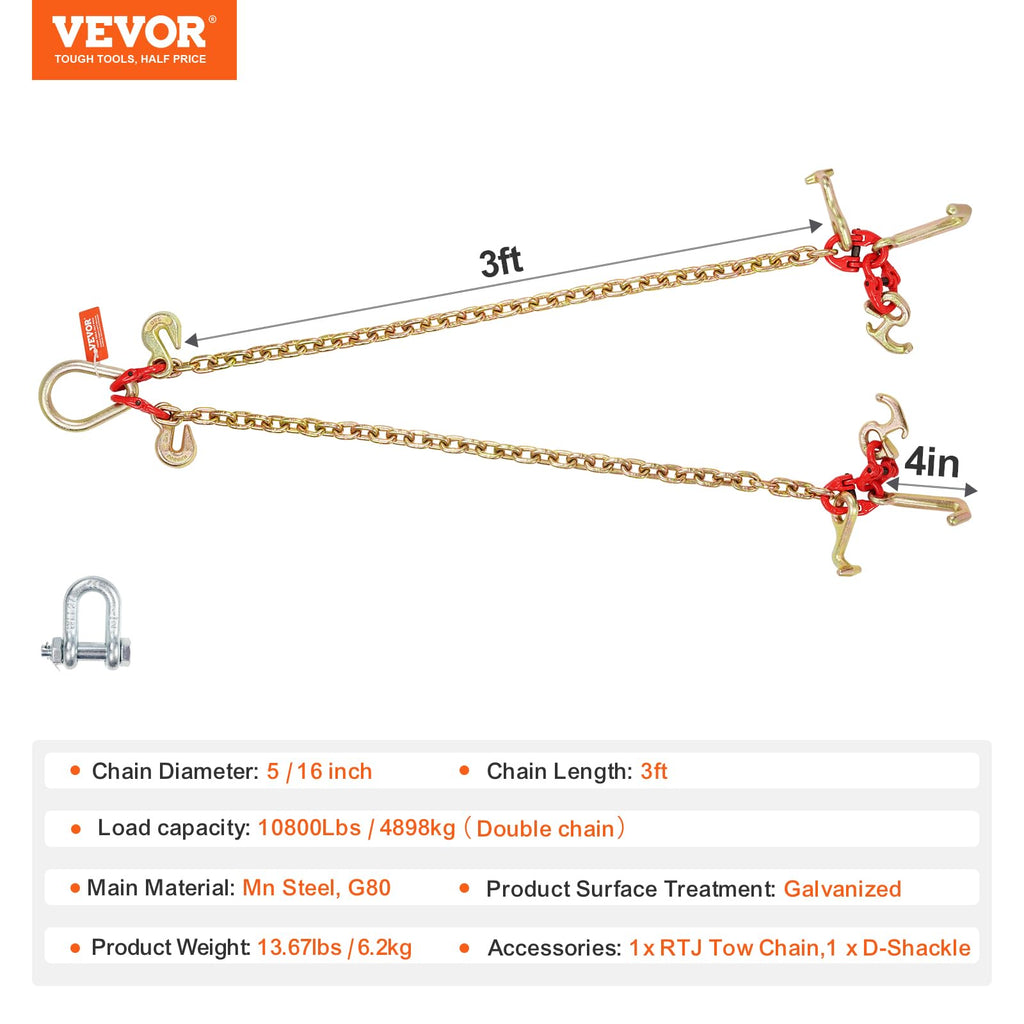 VEVOR G80 V Bridle Chain, 3/8" x 2' Towing Chain Bridle with 15" J Hooks, T Hooks & Grab Hooks, Heavy Duty Transport Tow Chain Bridle with 7800 lbs Safe Working Load for Flatbed Truck Wrecker Recovery