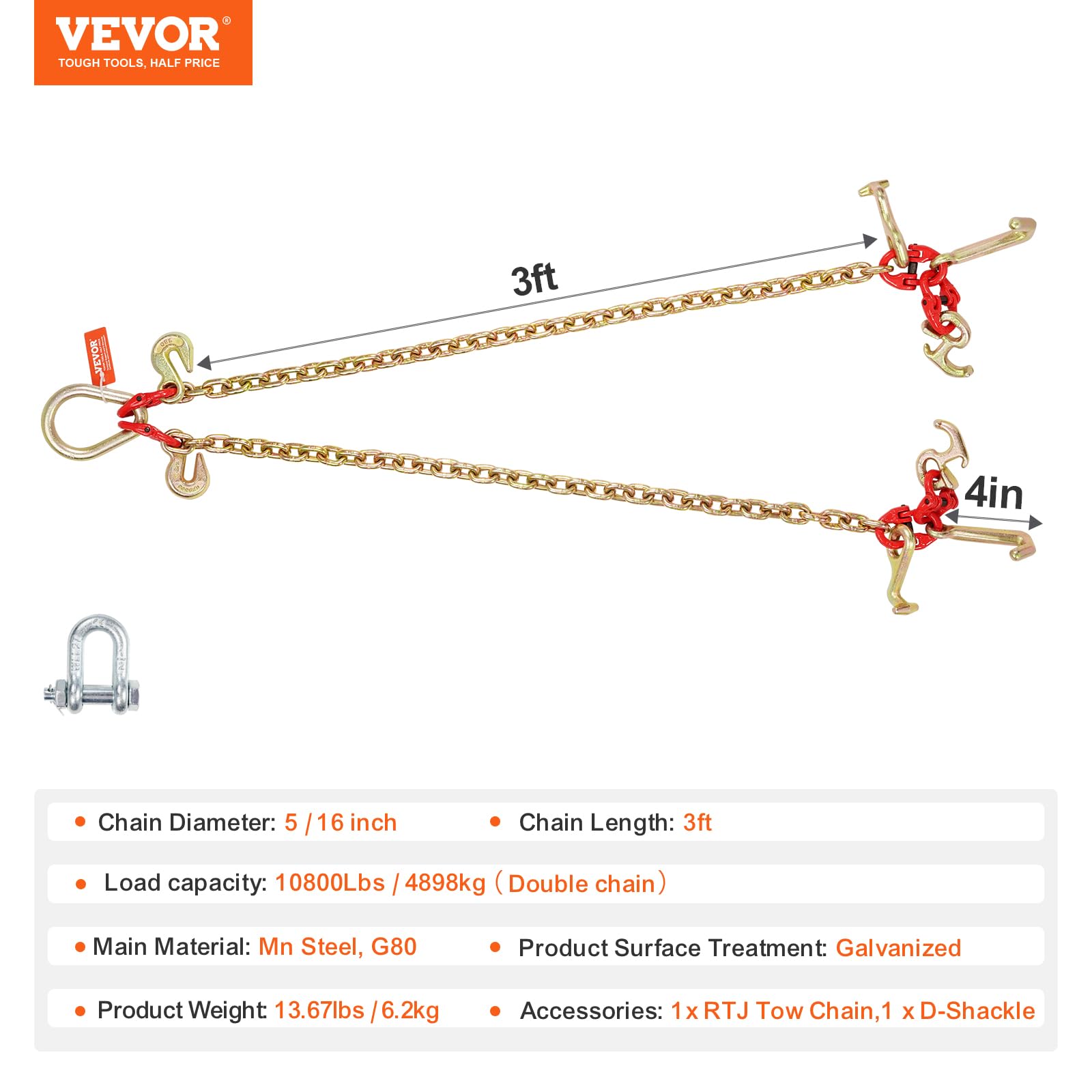 VEVOR G80 V Bridle Chain, 3/8" x 2' Towing Chain Bridle with 15" J Hooks, T Hooks & Grab Hooks, Heavy Duty Transport Tow Chain Bridle with 7800 lbs Safe Working Load for Flatbed Truck Wrecker Recovery