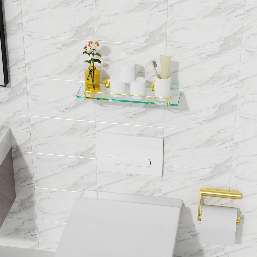 Glass Bathroom Shelves,Brushed Gold Floating Shelves for Wall Rectangular Modern Stainless Steel Glass Shelf for Bathroom Shelves wall Mounted 16 Inch
