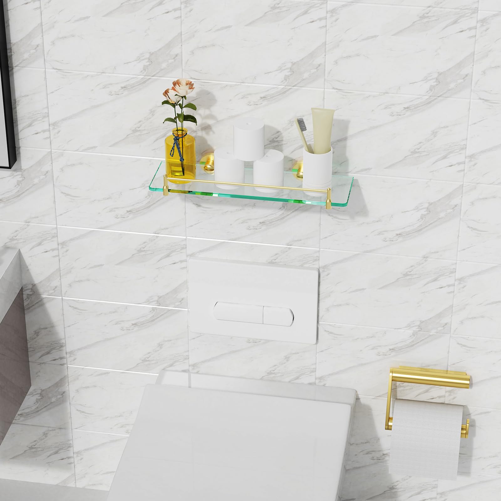 Glass Bathroom Shelves,Brushed Gold Floating Shelves for Wall Rectangular Modern Stainless Steel Glass Shelf for Bathroom Shelves wall Mounted 16 Inch