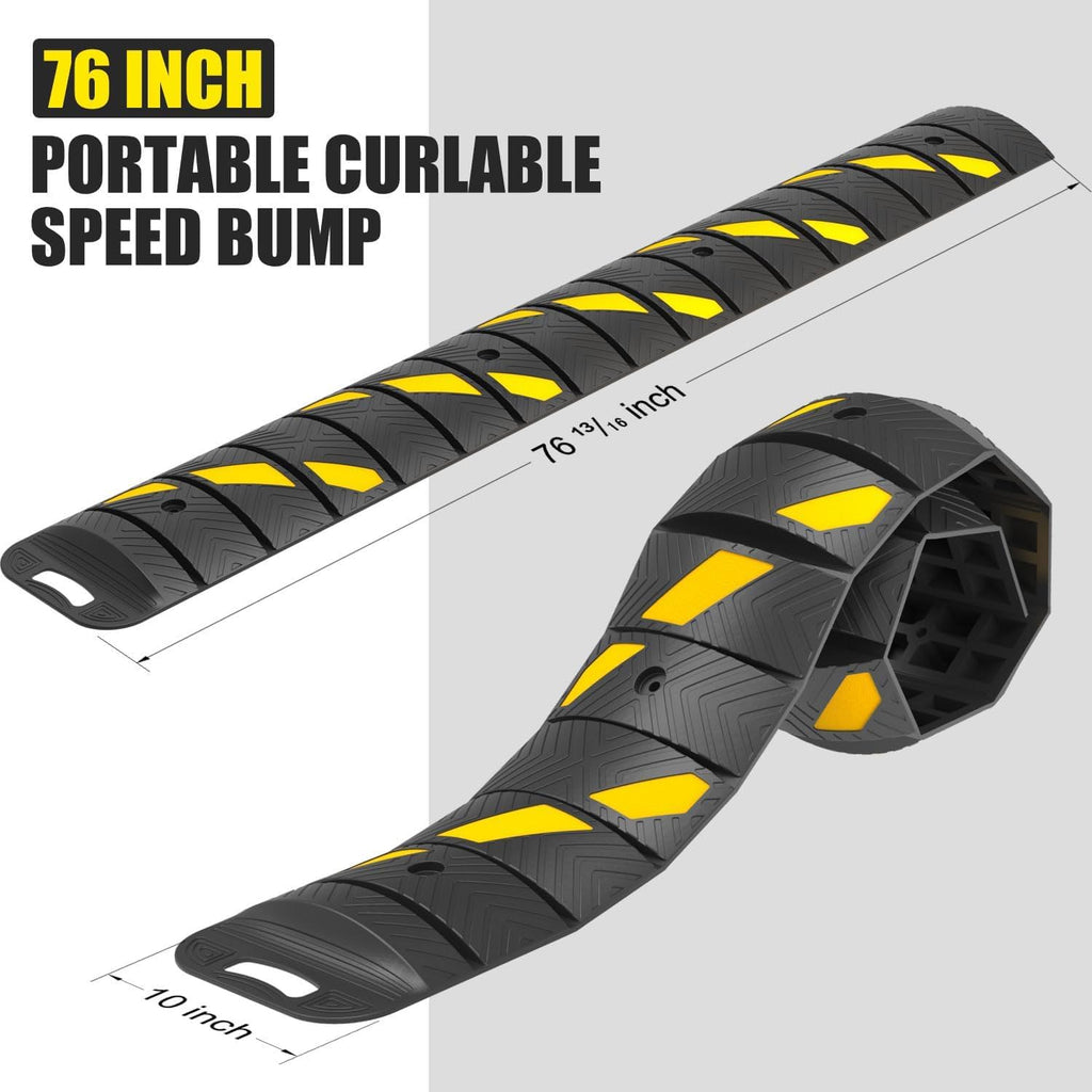 72" x 10" x 2" inch Portable Speed Bump Hump, 6' Feet Durable Collapsible Road Safety Bumps, Vehicles Hump Bumps for Asphalt Concrete Gravel Garage Driveway Roads Parking (72" Curlable Bump)