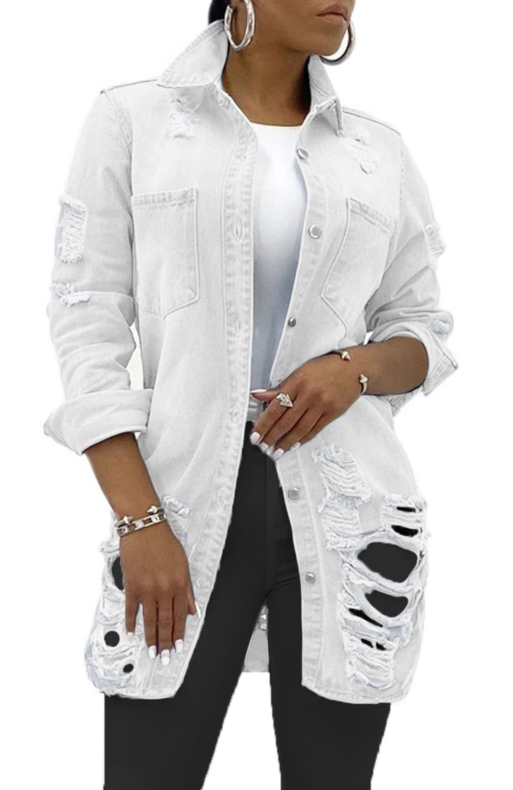 SeNight Women's Jean Jacket Long Sleeve Classic Distressed Fray Hem Tassels Denim Trucker Jackets