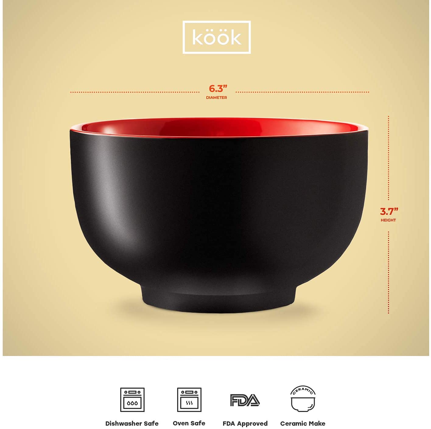 KooK Ramen Bowl, Japanese Bowls, Noodle Bowls, Large Soup Bowl, Ceramic, Large Capacity, For Ramen, Pho, Udon, Soba, Microwave and Dishwasher Safe, 34 oz, Set of 4 (Black/Navy)