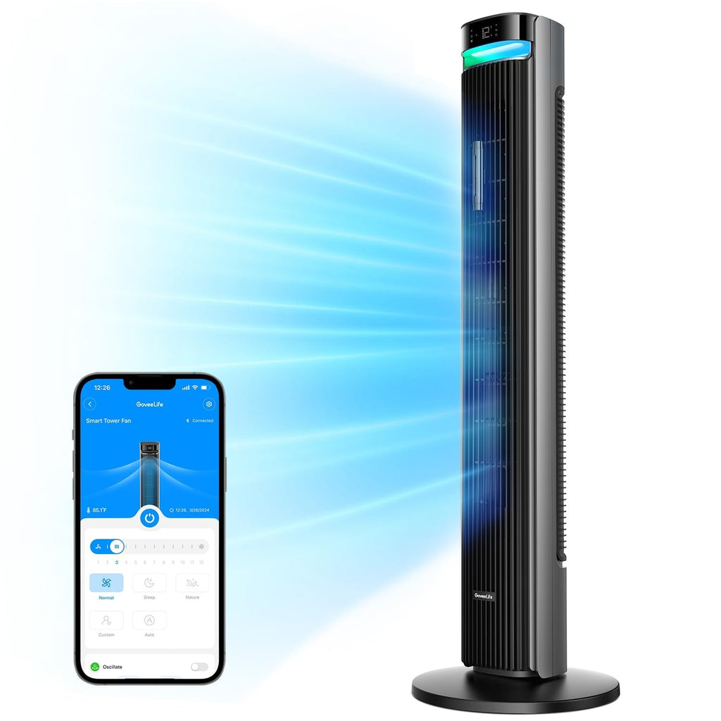 Goveelife 42'' Tower Fan for Bedroom, Smart Floor Fan with 150° Adjustable Oscillating, APP & Voice Control, 5 Modes 12 Speeds up to 26ft/s, 24H Timer, 27dB Quiet Fan for Cooling Home Office Black