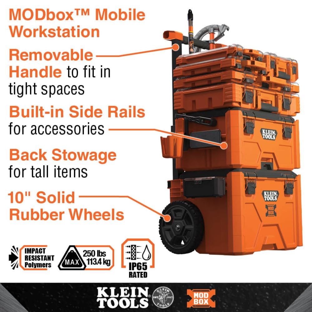 Klein Tools 54806MB MODbox Tall Compartment Box, Full-Width Tool Organizer, Small Parts Tool Box with 20 Compartments, 8 Removable Bins for Fasteners, Stackable Module