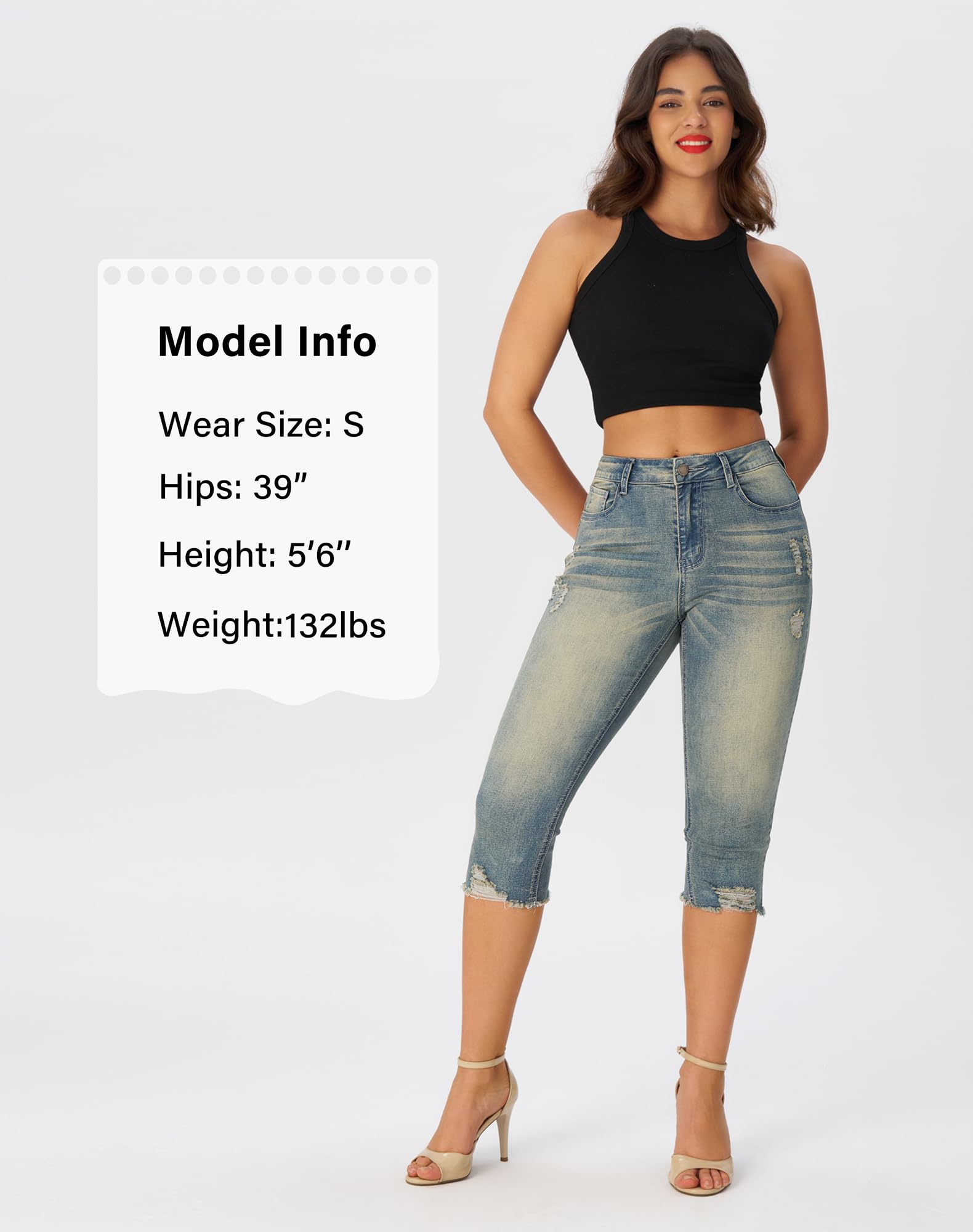 roswear Women's Capri Pants Mid Rise Skinny Ripped Stretchy Cropped Distressed Jeans