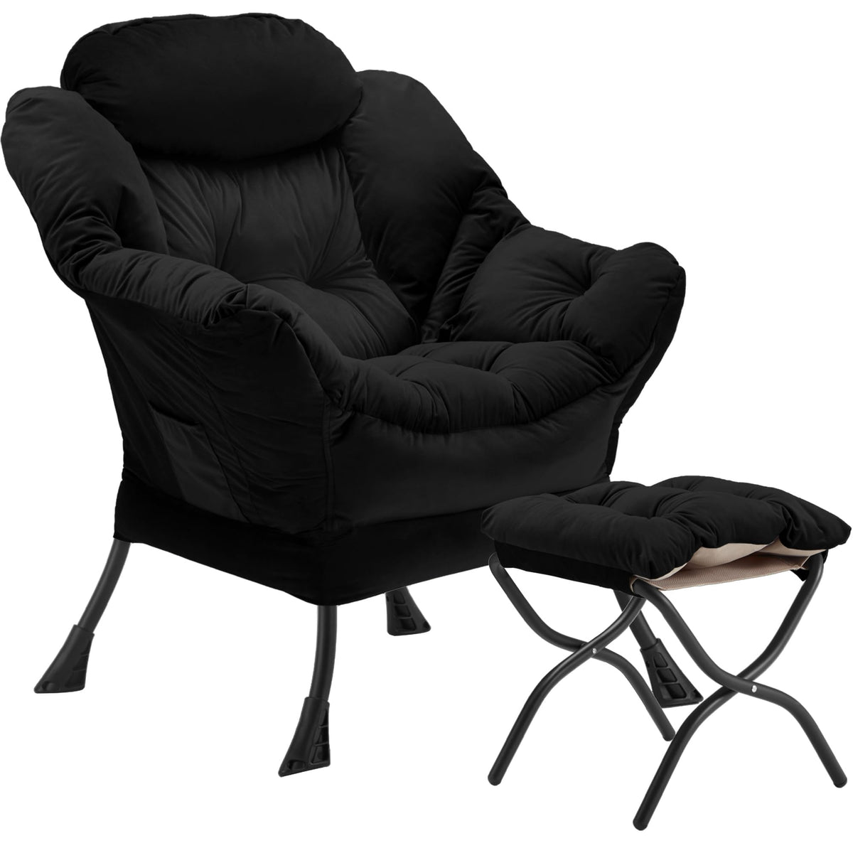 Youtanic Lazy Chair with Folding Ottoman, Accent Chair Velvet Upholstered with Metal Structure and Non-Slip Pads, Sofa Armchair with Footrest and Side Storage Bag for Dorm, Room, Office, Beige