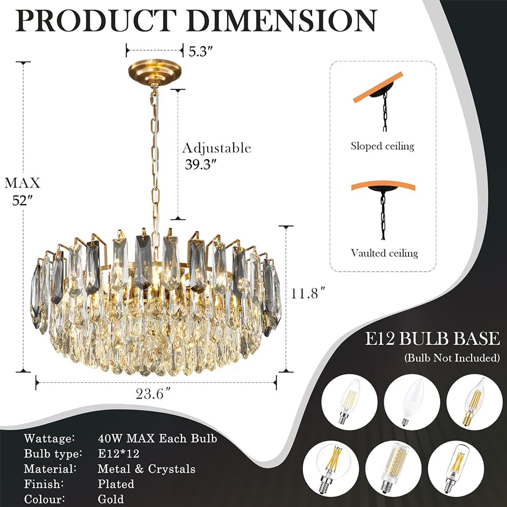 23.6" Modern Crystal Chandelier with Grey Crystal Gold 3-Tier Luxury Pendant Light 12-Light Ceiling Pendant Lighting for Dinning Room Living Room Foyer