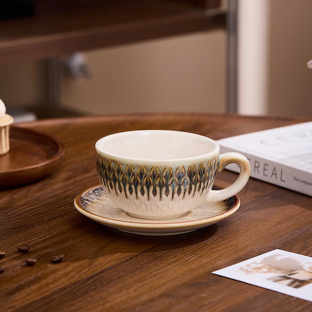 Coffeezone Vintage Design 12 oz Ceramic Latte Art Cappuccino Barista Cup with Saucer (Beige)