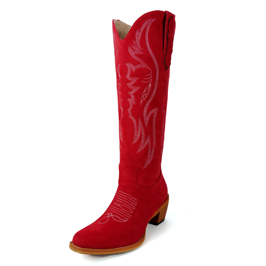 GORBINETI Women Cowboy Boots Mid Calf Cowgirl Western Boots Embroidered Suede Pull On Almond Toe Chunky Heel
