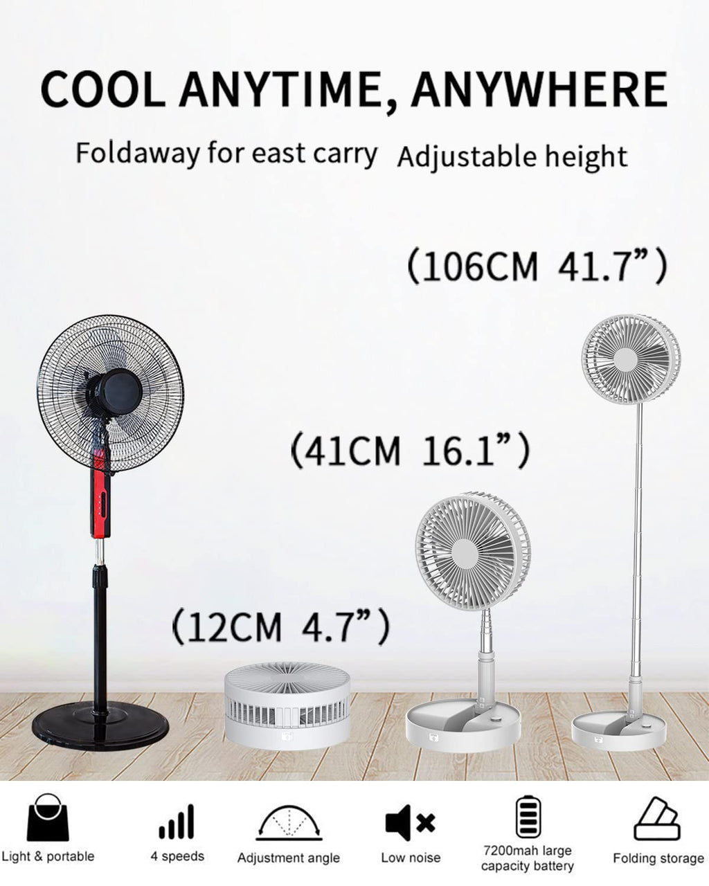 UN UNITEDTIME Portable Fan Foldable Rechargeable [Remote Control ] Battery Operated Foldaway Standing Pedestal Collapsible Fan, 4 Speed, Timer for Camping Travel, Bedroom (Black)