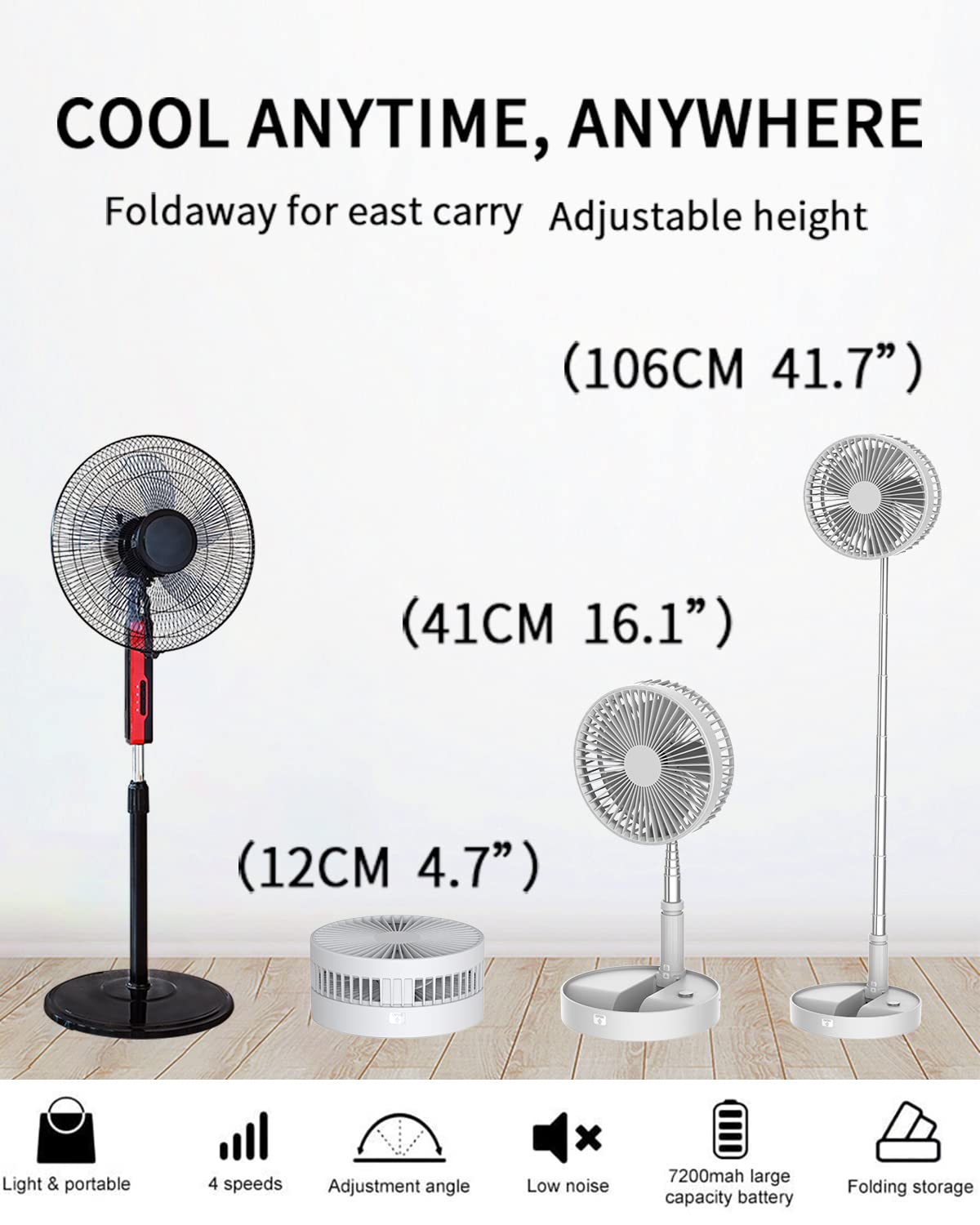 UN UNITEDTIME Portable Fan Foldable Rechargeable [Remote Control ] Battery Operated Foldaway Standing Pedestal Collapsible Fan, 4 Speed, Timer for Camping Travel, Bedroom (Black)