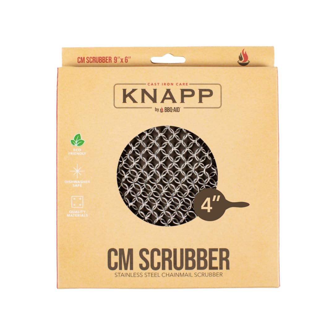 Knapp Made CM Scrubber 4" x 4" Small Ring Chainmail Cast Iron Scrubber, Premium Stainless Steel Mesh Cleaner for Pre-Seasoned Pans, Dutch Ovens, Grills and Skillets