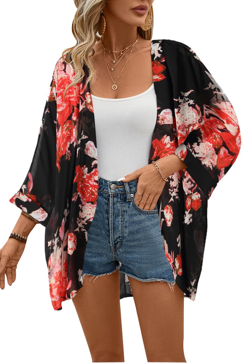 olrain Women's Floral Print Sheer Chiffon 3/4 Bat Sleeve Casual Loose Kimono Cardigan Capes