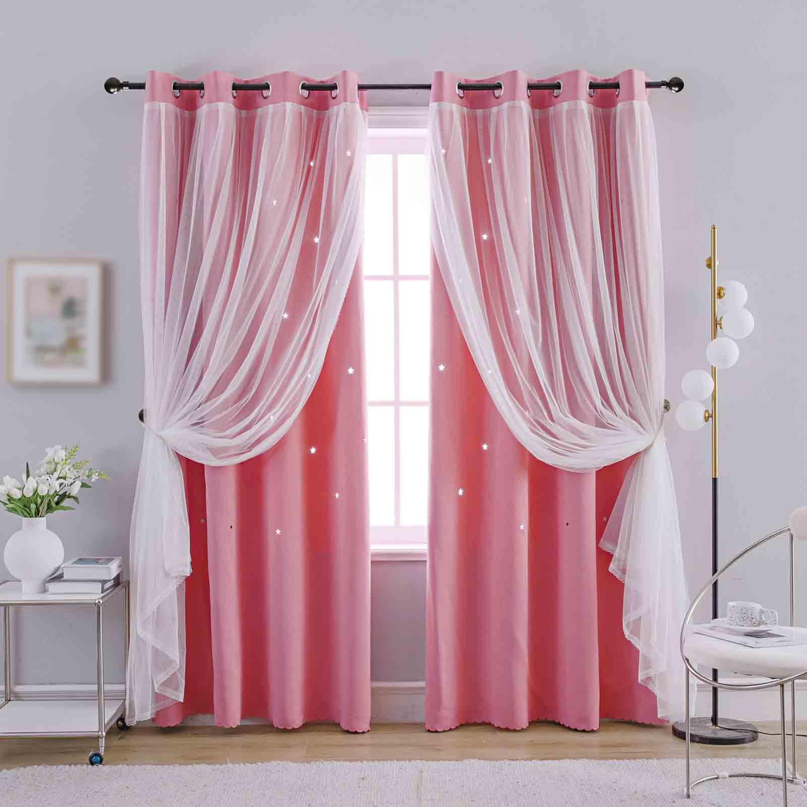Anytime Star Cut-Out Blackout Curtains for Bedroom 2 Panels,2-Layers Mix Design of Fabric & Tulle,Pretty Pure Color Window Curtain for Kids Room(W35 x L45,LPink)