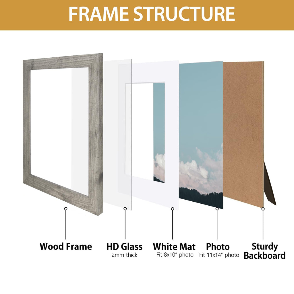Califortree Black 11x14 Picture Frame - Display Photos 8x10 with Mat or 11x14 Without Mat - HD Glass Inside, Set of 2