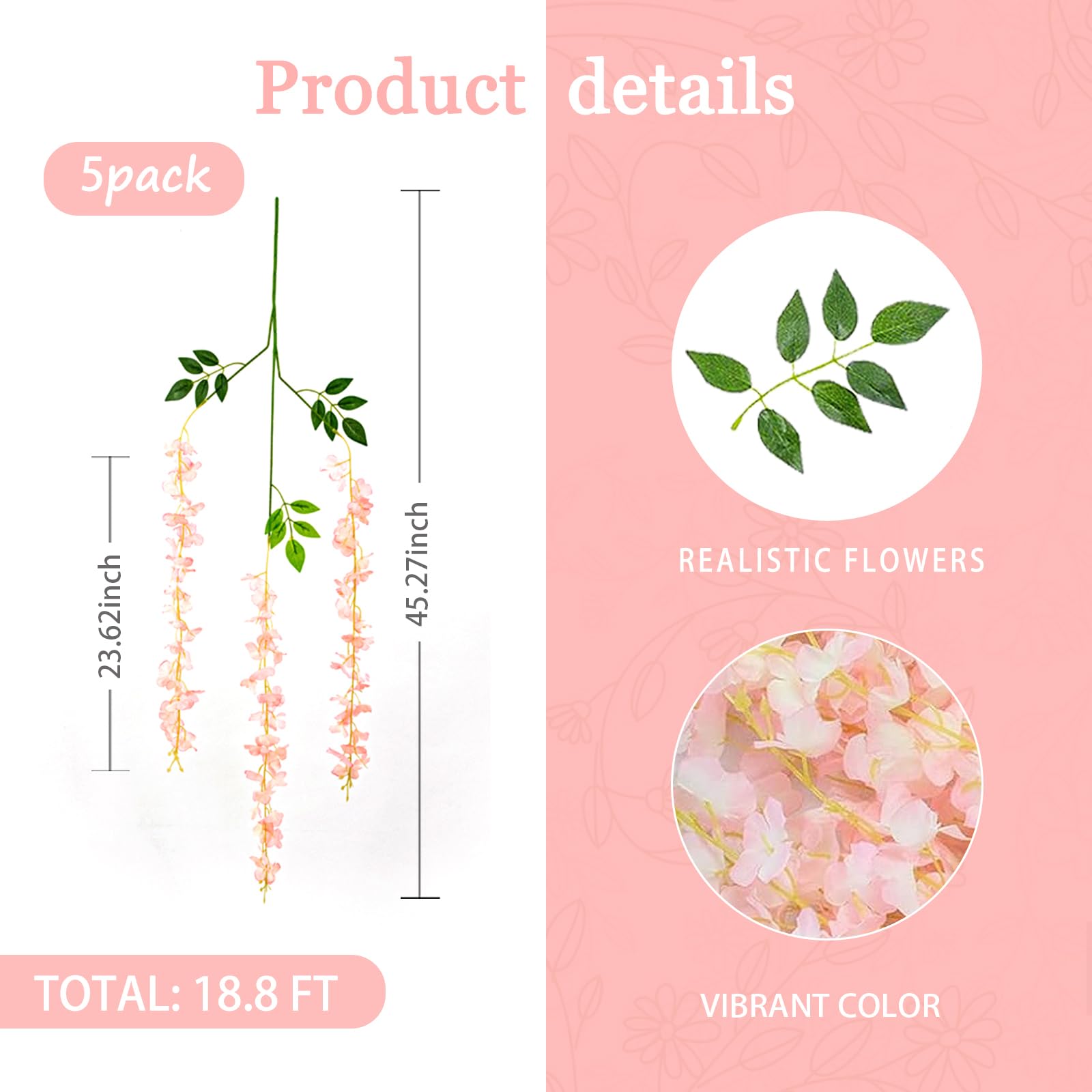 5 Pack Pink Wisteria Hanging Flowers Garland, 3.77 Feet Artificial Flower Vines, Fake Wisteria, Artificial Vines Hanging Garland for Backdrop Outdoor Yard Garden Decor