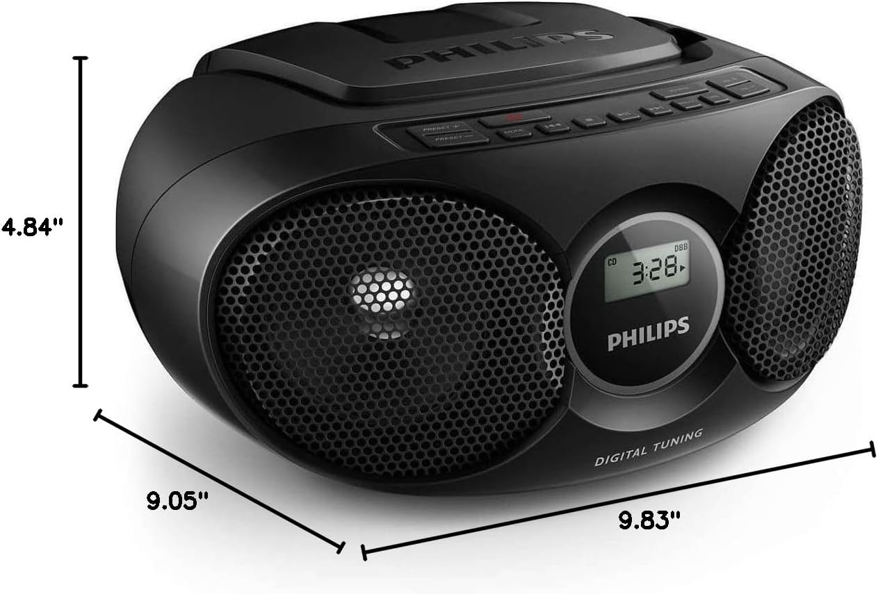 Philips Portable CD Player Boombox Radio CD Player Combo for Home, Stereo Sound Speakers and MP3/CD-R/RW Compatible, Programmable CD Player with FM Radio/USB/Headphone Jack/AUX Input