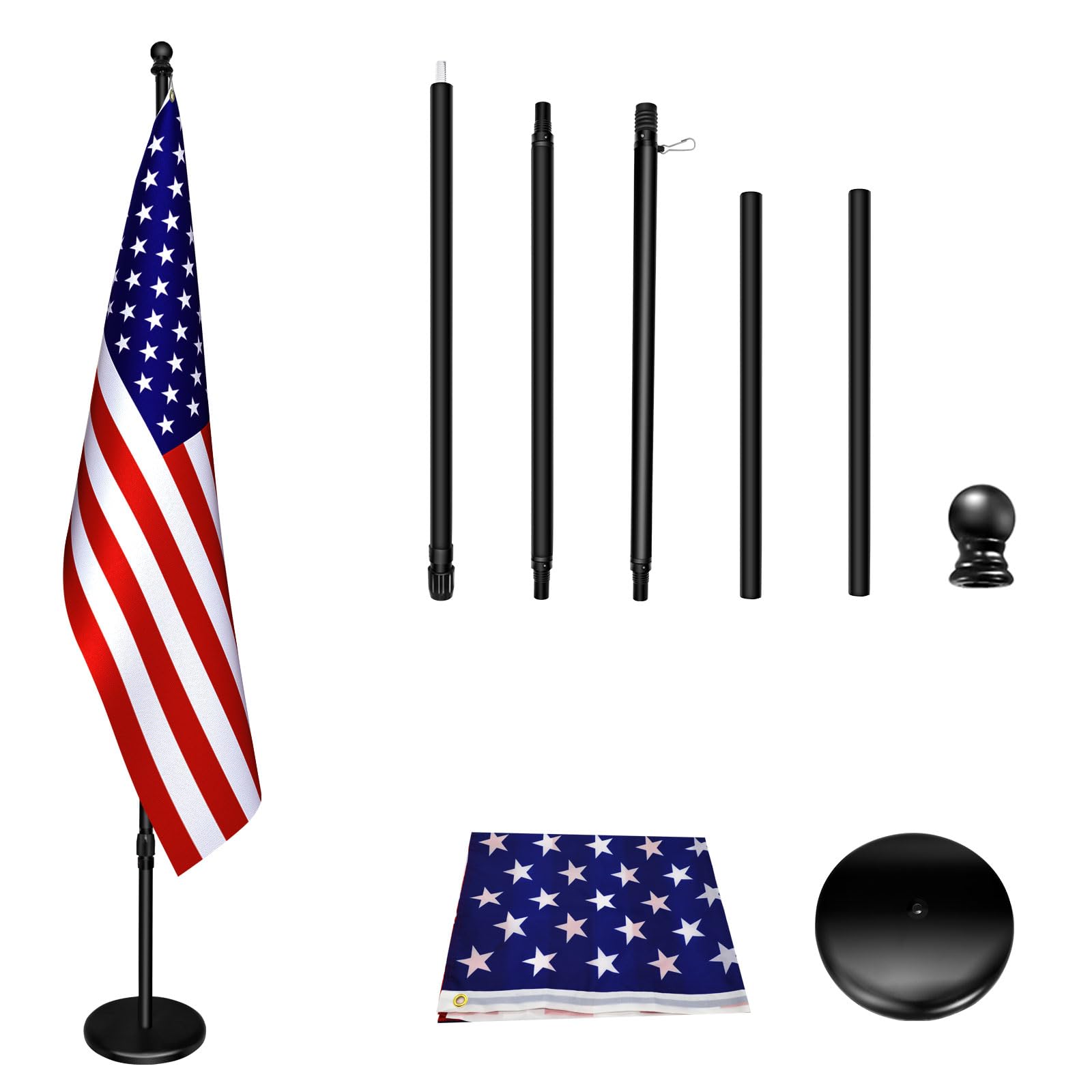 Indoor Flagpole with Base,Telescoping Flag Pole 6FT-8FT, Flagpoles Rotate 360 Degrees, 3X5 USA Flag-Heavy Duty Water Resistant Polyester Canvas Embroidered Stars. Suitable for Office, Auditorium, School, Use (1-pack)
