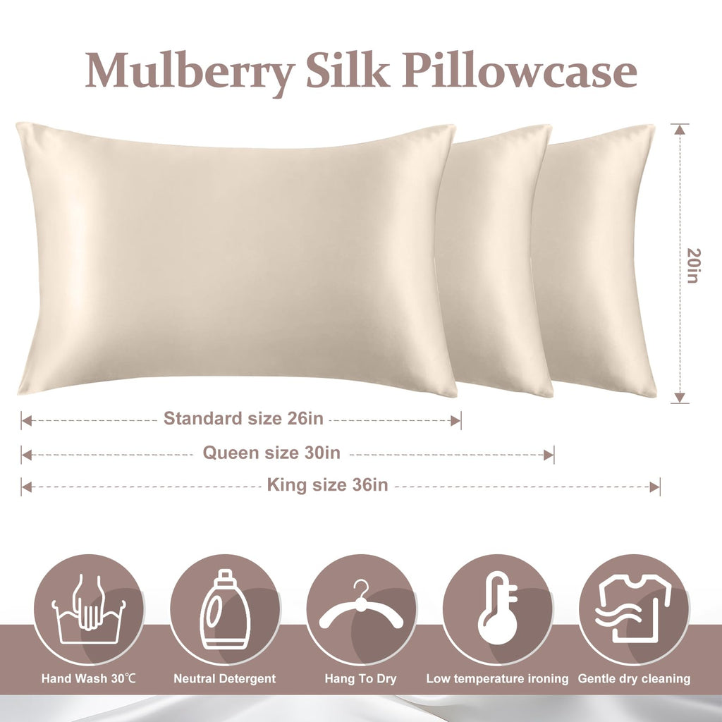 2 Pack 100% Pure Silk Pillowcase for Hair and Skin, Both Sides Mulberry Silk Pillowcases with Hidden Zipper, Cooling Pillowcase 19 Momme, 600 Thread Silk Pillow Cases Standard Size, Apricot