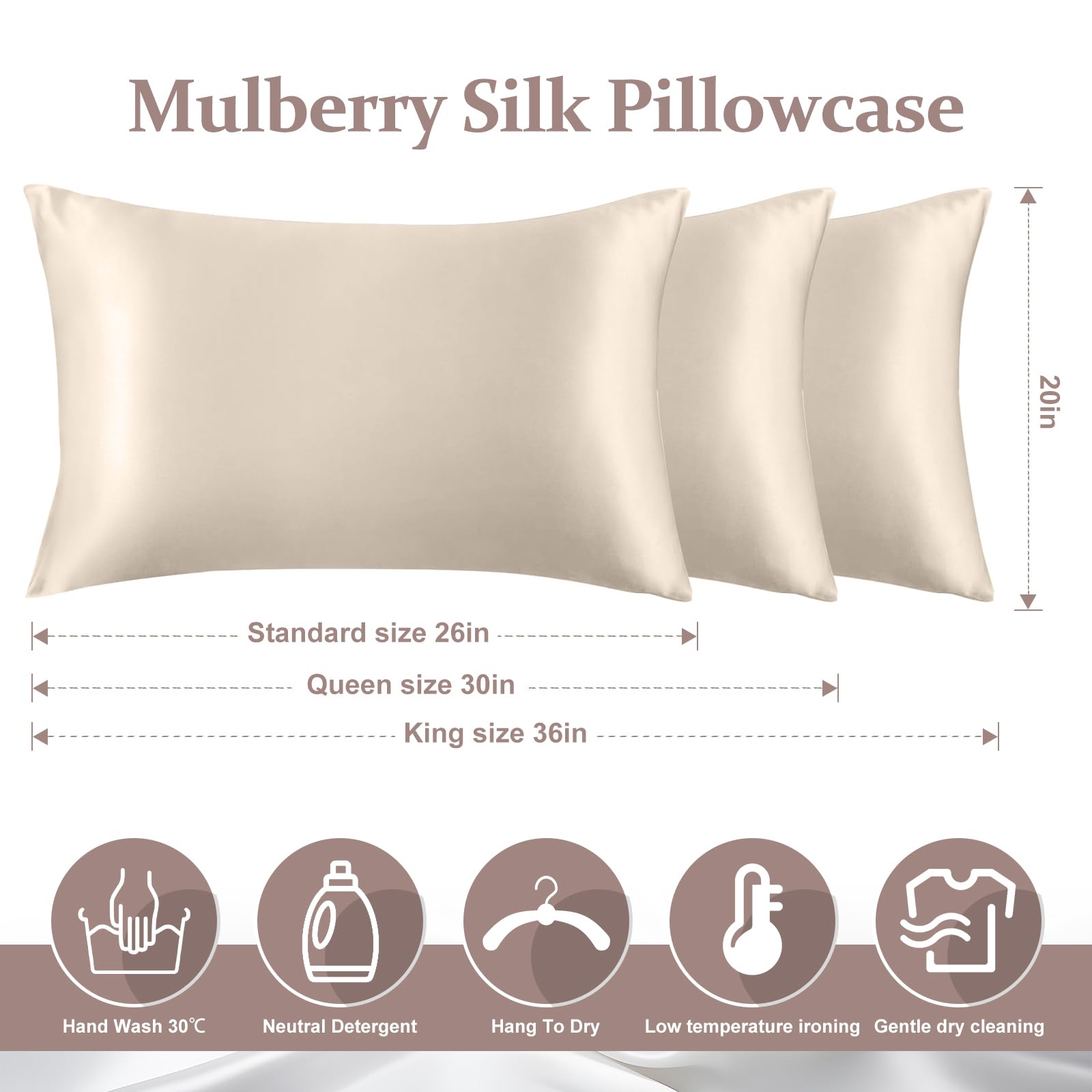 2 Pack 100% Pure Silk Pillowcase for Hair and Skin, Both Sides Mulberry Silk Pillowcases with Hidden Zipper, Cooling Pillowcase 19 Momme, 600 Thread Silk Pillow Cases Standard Size, Apricot