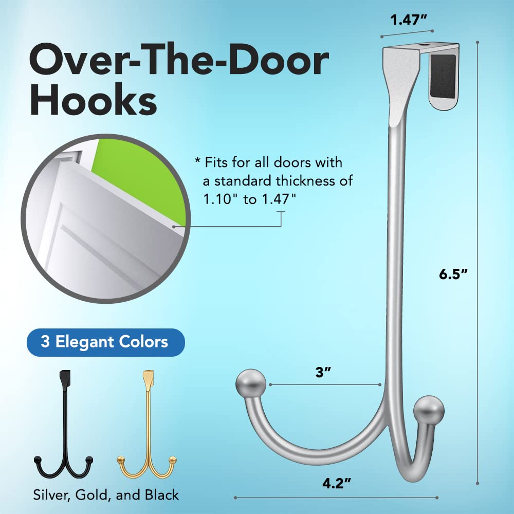 2-Pack Over The Door Hooks - with 2 Hang Heads & Snug Fit Pads Heavy Duty Hook for Hanging Coats, Towels, Caps & Robes - Elegant Matt Finish - No Drill Hanger Organizer - Black