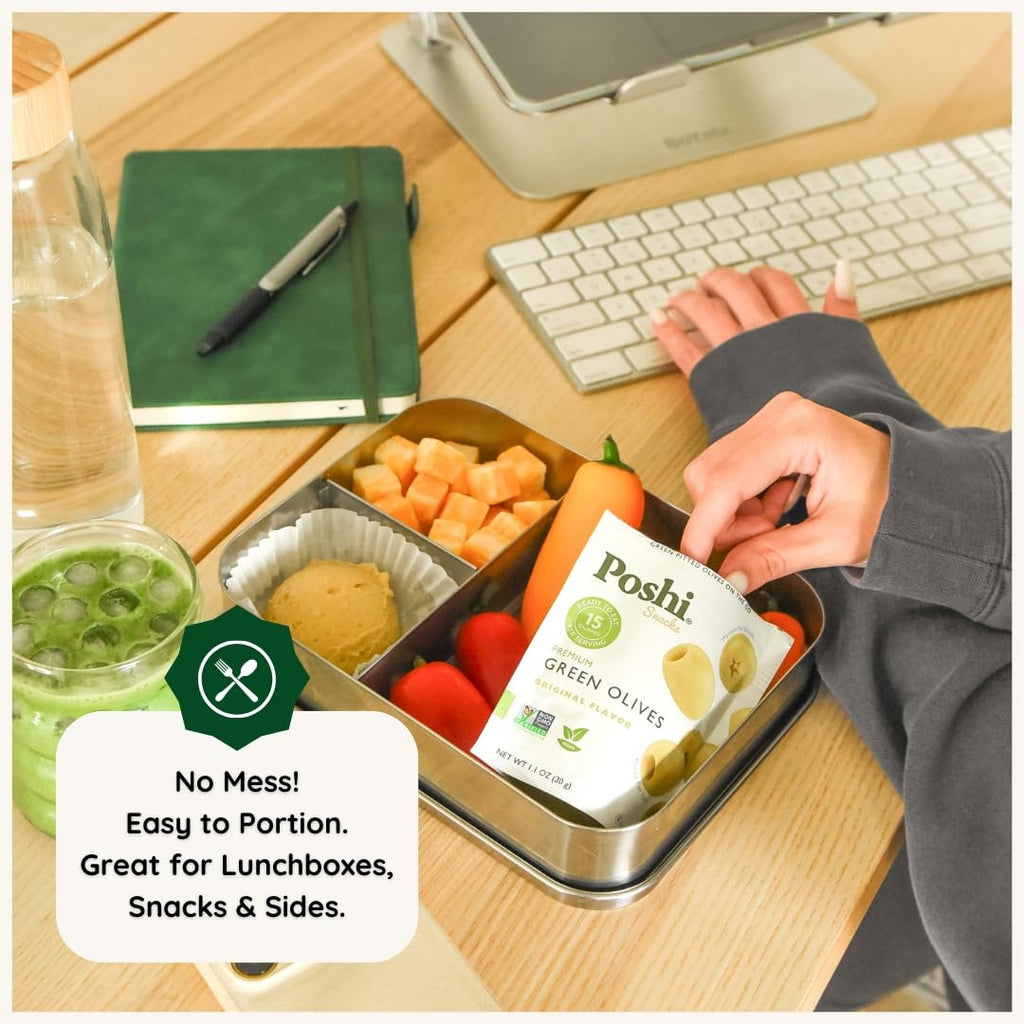 POSHI Green Pitted Olives - Basil & Garlic | Vegan, Kosher, Gluten Free + Keto Friendly, Fresh, Low Calorie Healthy Snacks | (30 Pack, 1.1oz Bags)