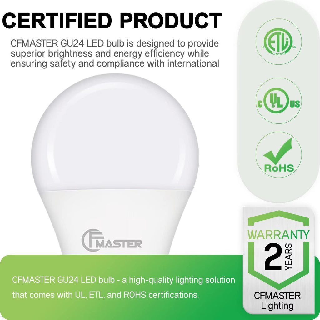 GU24 LED Llight Bulb, 3000K Warm White, 9W(100W Equivalent), 800 Lumens, A19 Shape GU24 LED Bulbs, Twist and Lock GU24 Pin Base with Two Prongs, Non-Dimmable(4-Pack)