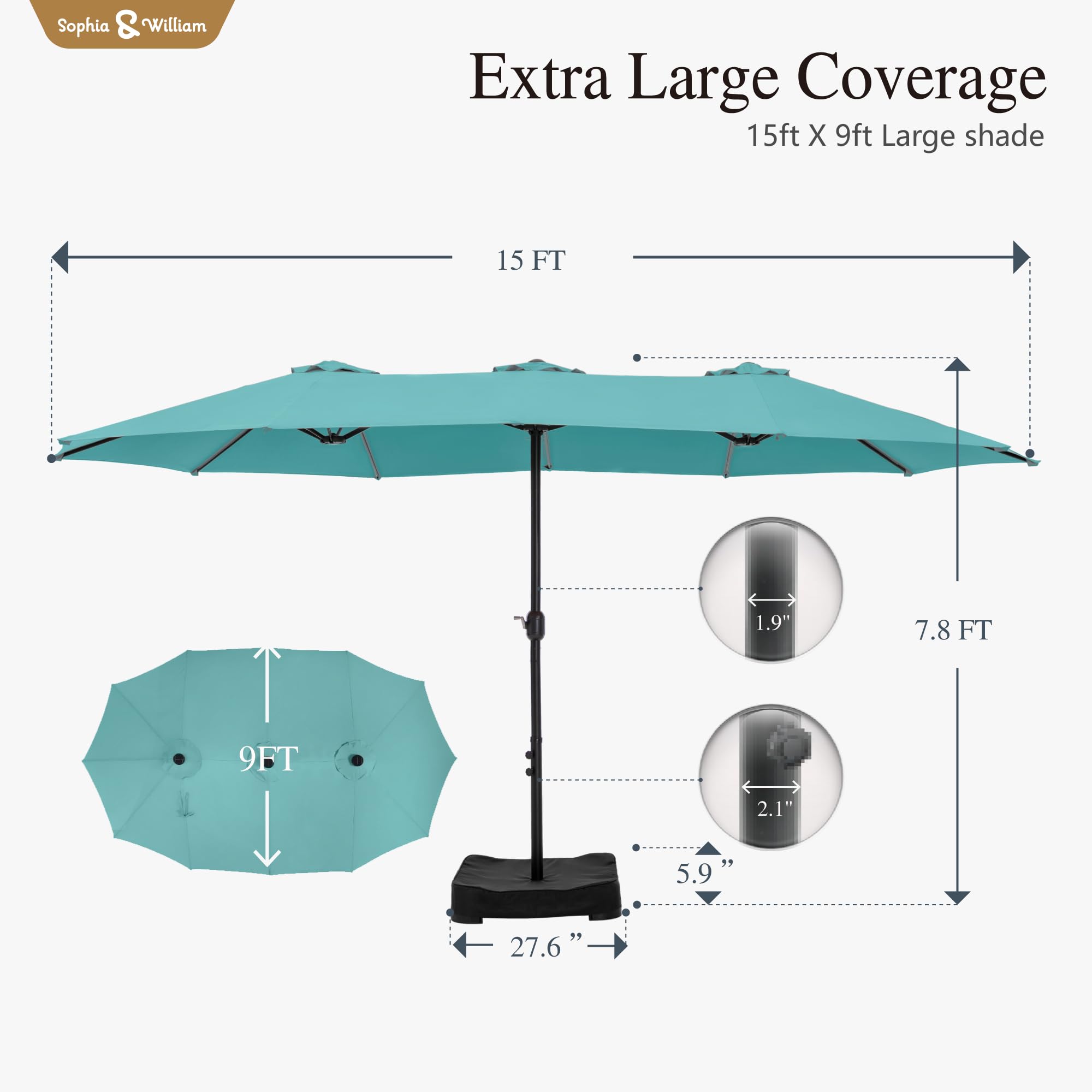 Sophia & William 15 ft Extra Large Patio Umbrella with Base Included, Rectangular Outdoor Umbrella Heavy Duty, Market Umbrella Double-sided Fade Resistant for Pool Garden Backyard, Beige