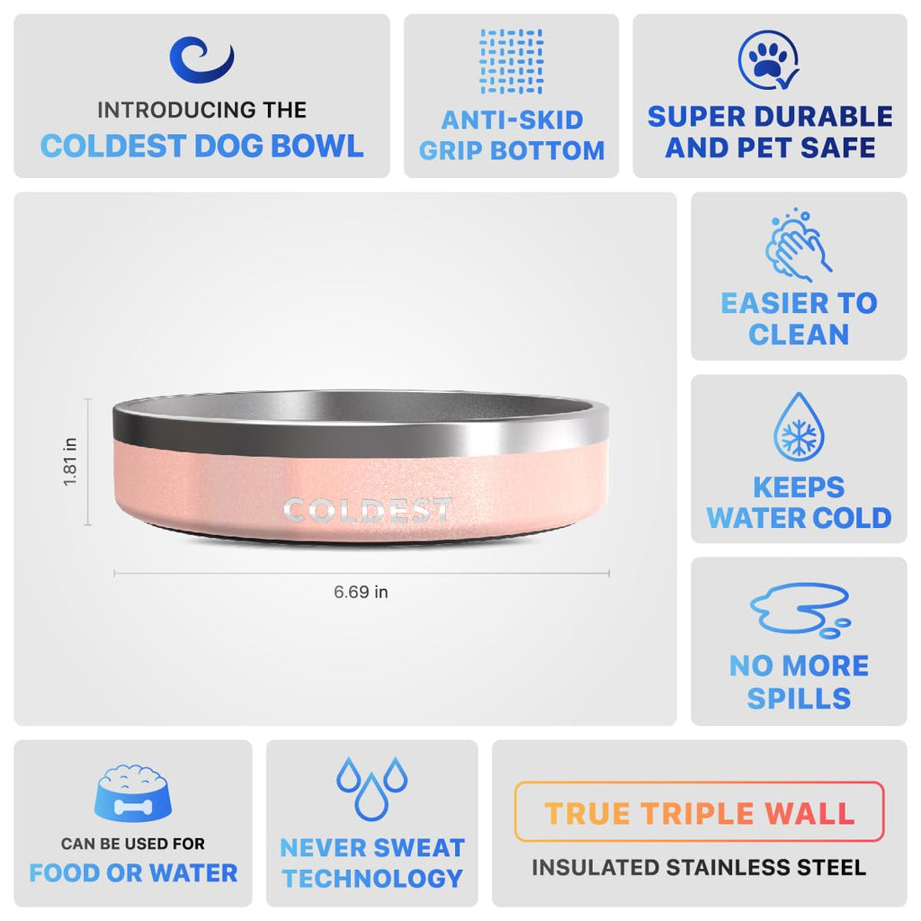 Coldest Dog Bowl - Anti Rust Metal, Non Slip, 3 Layers Insulated Stainless Steel Dog Bowls - Spill Proof & Heavy Duty - Water Bowl for Dogs, Cats & Pets, Dish Washer Safe (21 oz, Mars Red Glitter)