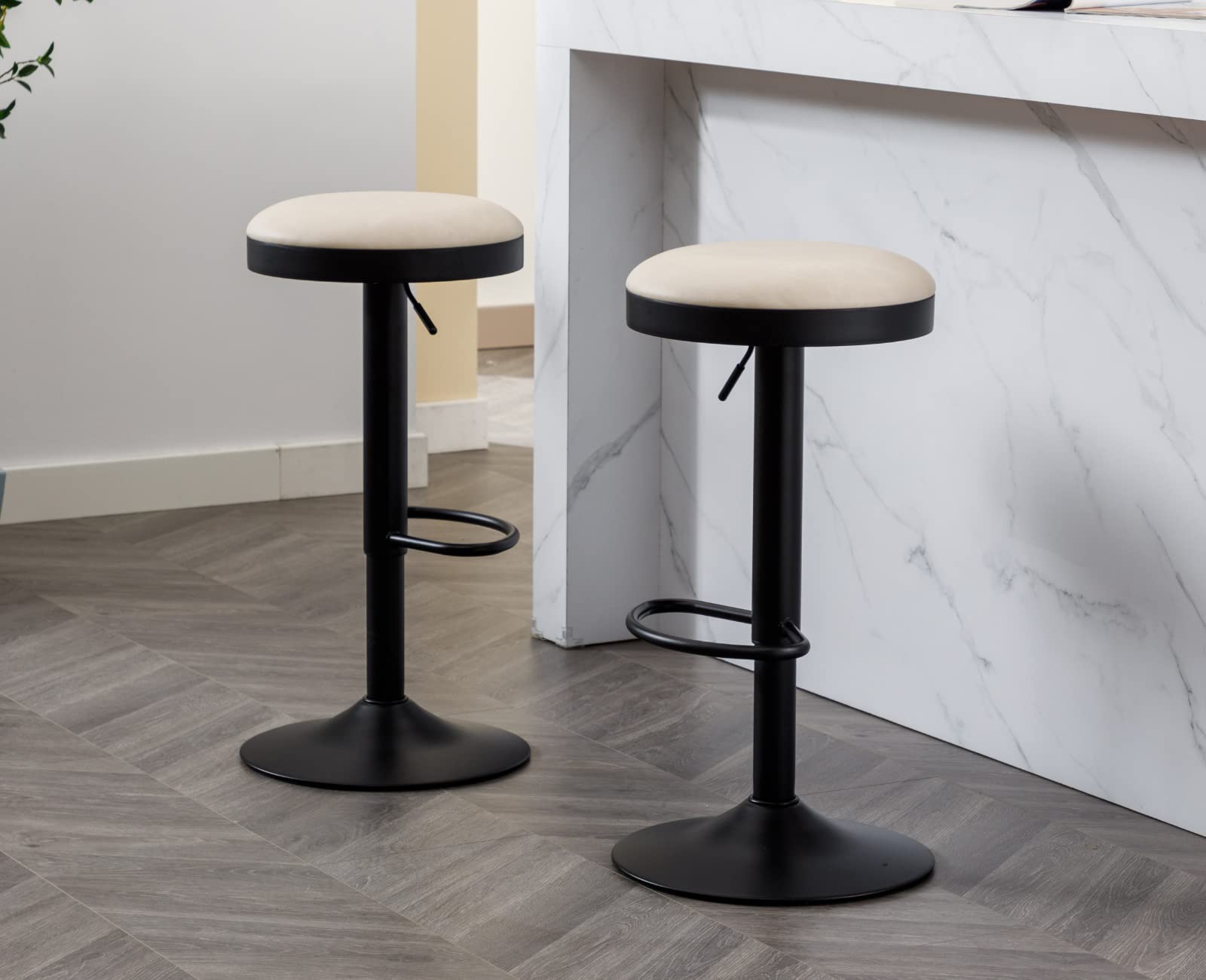 EALSON Modern Swivel Bar Stool Adjustable Counter Height Backless Barstools with Metal Base Leather Upholstered Round Bar Stool Chairs for Kitchen Island/Pub/Breakfast Bar, Beige 1PC
