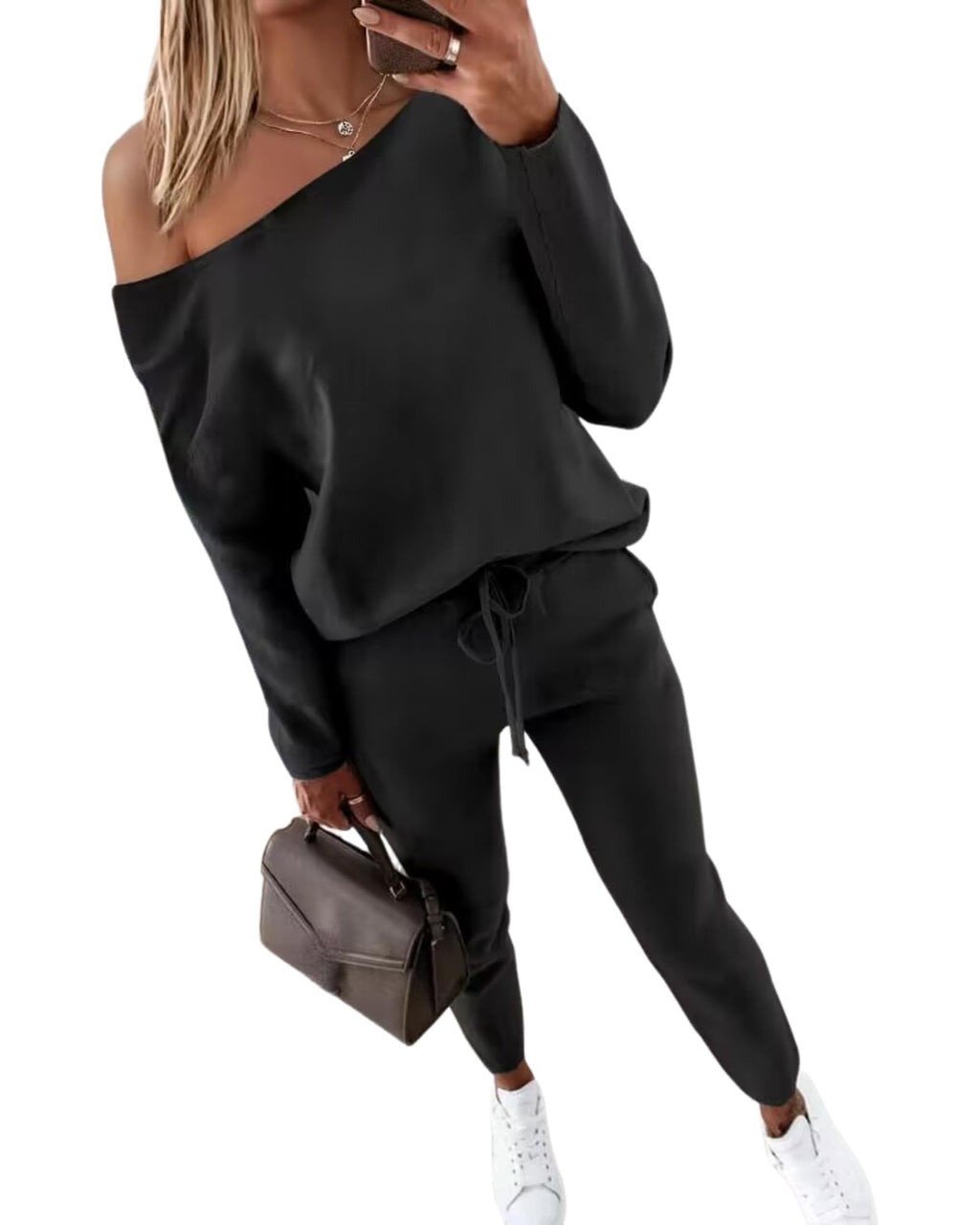 CHICME Women Tracksuit Fall 2 piece Outfits Off The Shoulder Long Sleeve Tops and Pants Set Travel Outfits