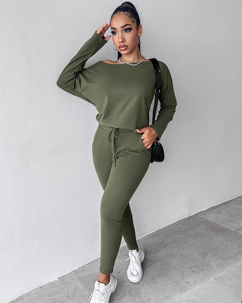 CHICME Women Tracksuit Fall 2 piece Outfits Off The Shoulder Long Sleeve Tops and Pants Set Travel Outfits