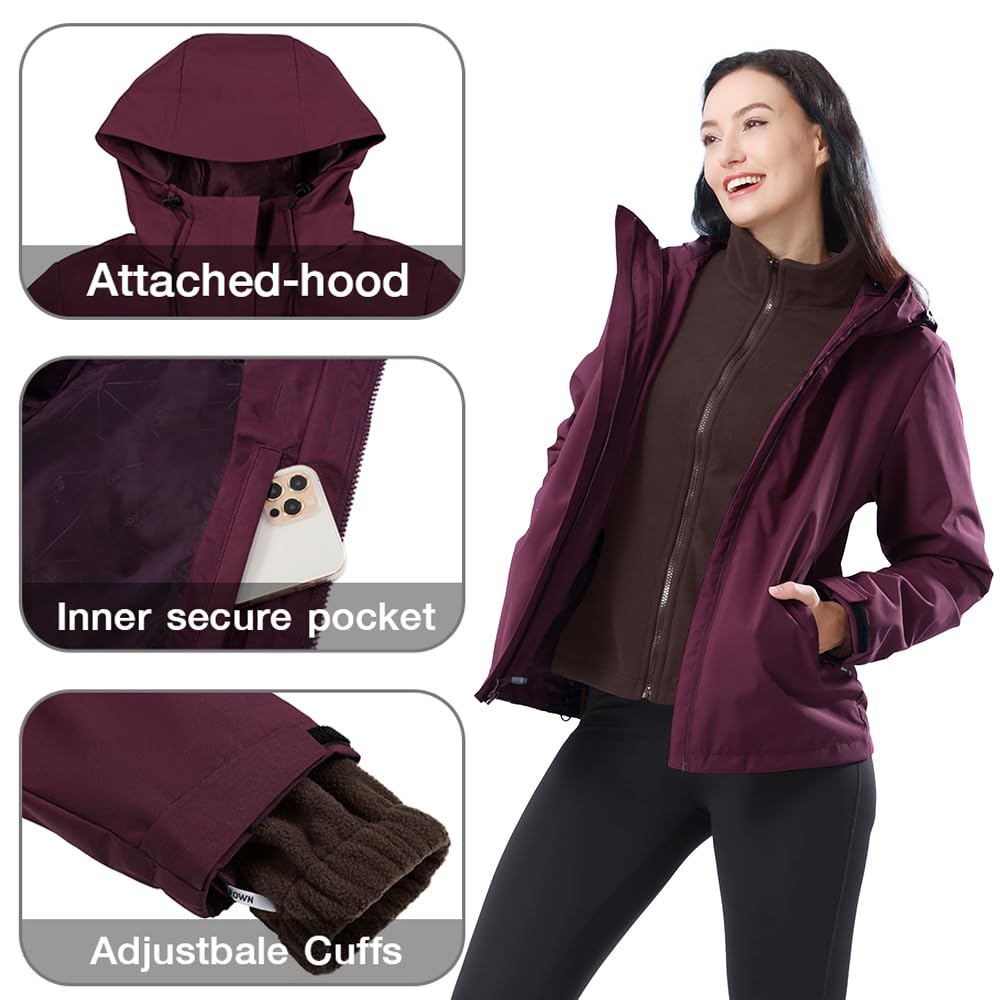 CAMEL CROWN Women's Ski Jacket Waterproof 3 in 1 Winter Coat with Fleece Inner Warm Windproof For Snow Outdoor Hiking