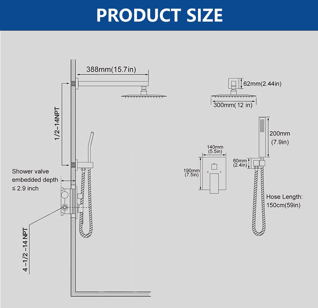 Brushed Gold Shower System with 10-Inch Rain Showerhead and Tub Spout | cUPC-certified pressure balance brass valve to prevent scalding, CEC-certified air injection technology for low pressure