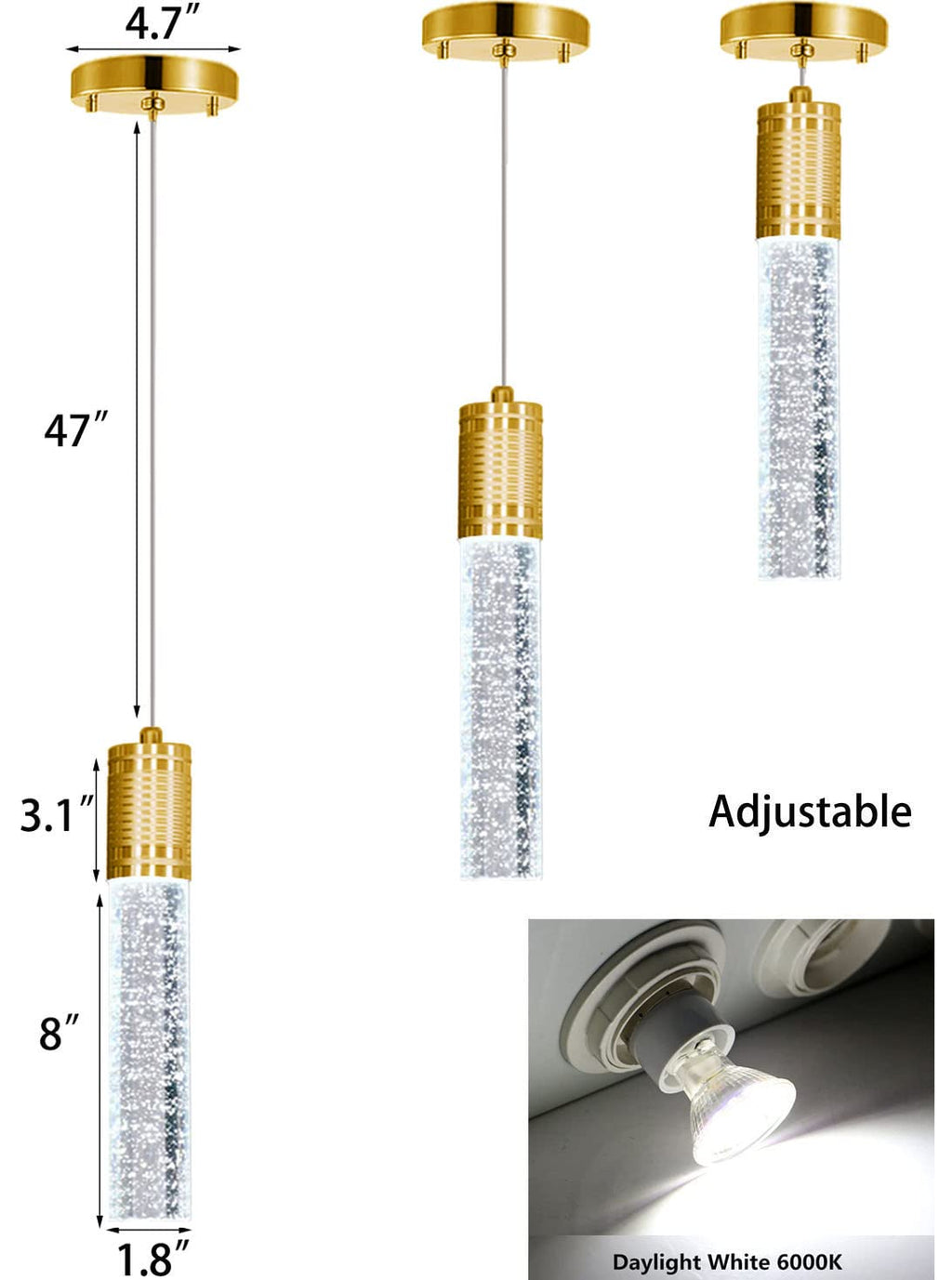 HAIXIANG Modern Kitchen Island Hanging Light Fixtures Crytstal Pendant Lighting for Kitchen Island Chrome Mini Chandelier with 6000K Daylight Bulb