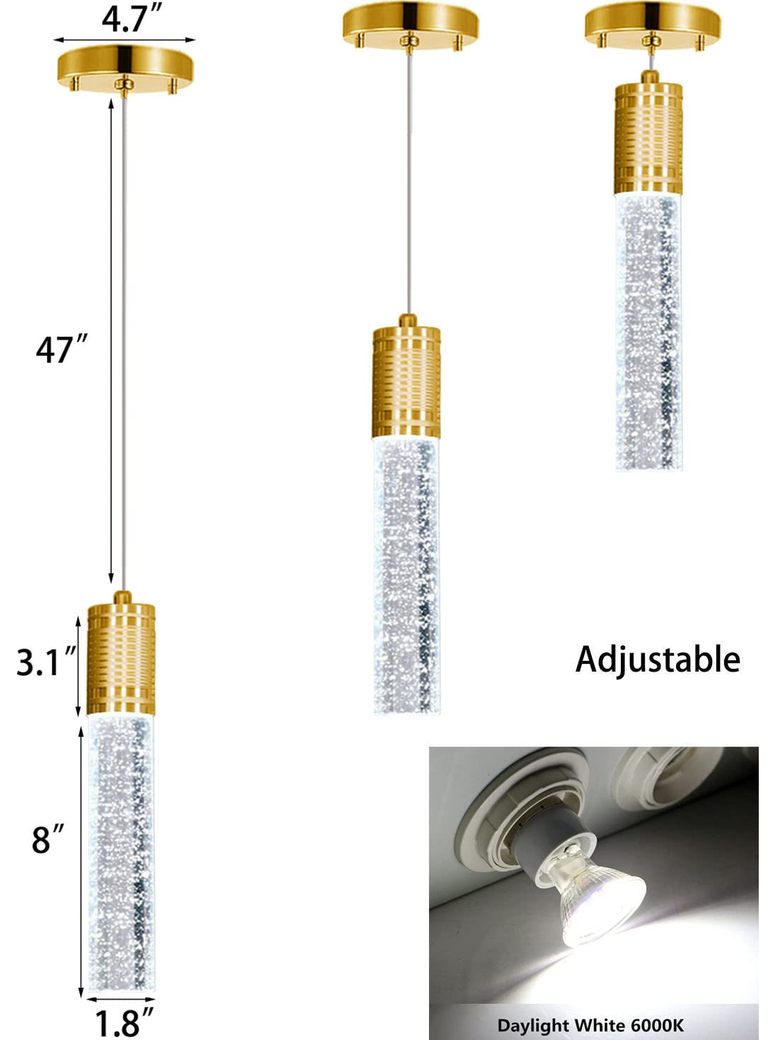 HAIXIANG Modern Kitchen Island Hanging Light Fixtures Crytstal Pendant Lighting for Kitchen Island Chrome Mini Chandelier with 6000K Daylight Bulb