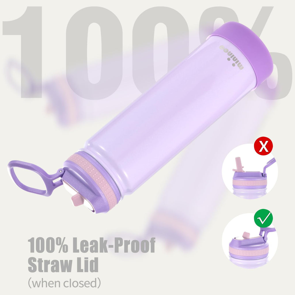 mininoo 24 oz Insulated Water Bottle with Straw Lid, Stainless Steel Double Wall Vacuum, Leak Proof, BPA Free, Keep Cold for 24H & Hot for 12H-2 pack(Black)