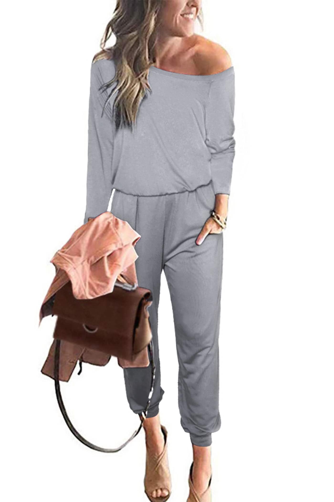 PRETTYGARDEN Jumpsuits for Women Casual 2026 Fall Long Sleeve Off Shoulder Rompers One Piece Travel Outfits Fashion Clothing