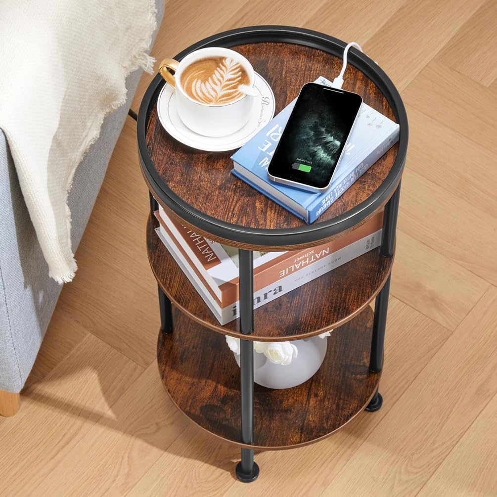 Small Round Side Table with Charging Station for Small Spaces, 3-Tier Accent Table with USB Ports & Power Outlets, Sofa Corner Tea Table for Living Room Nightstand Bedroom Apartment (Black)