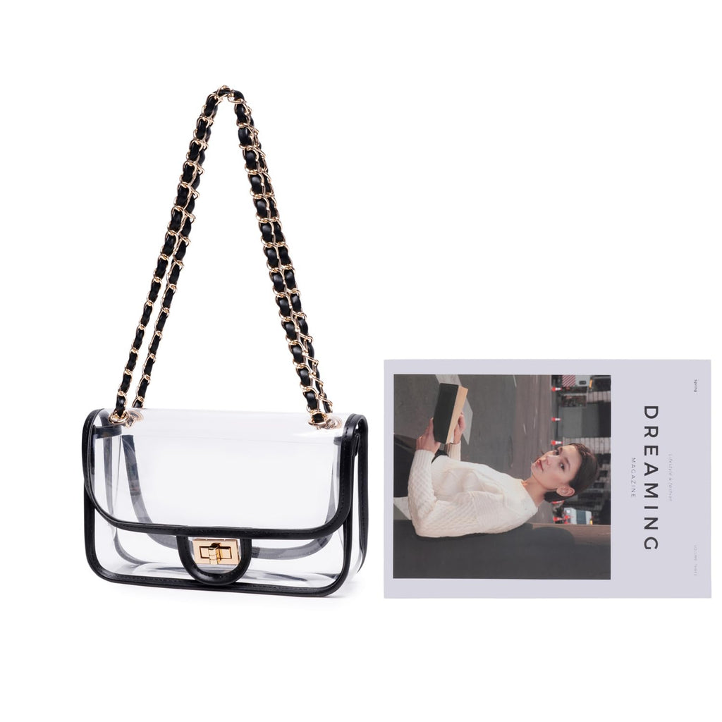Womens PVC Clear Purse Handbag with Chain Stadium Approved Clear Bag See Through Bag for Working and Concert