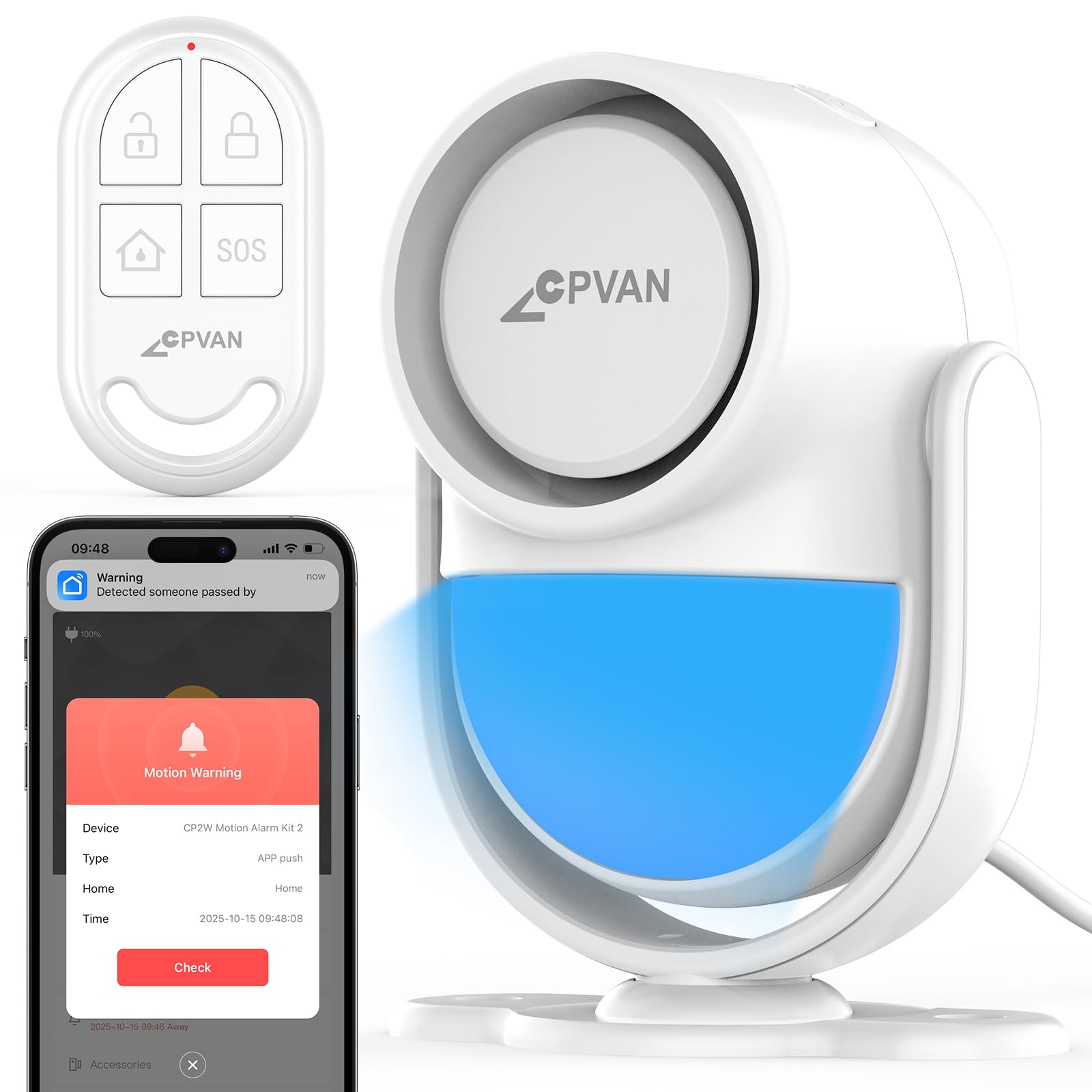 CPVAN WiFi Motion Sensor Alarm, 125dB Smart PIR Motion Detector with Phone App Alerts, Wireless Indoor Home Security Alarm System with Remote, 2.4GHz WiFi, Black
