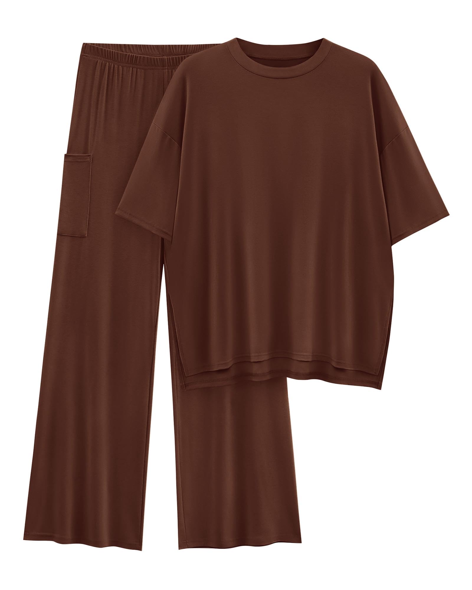 KIRUNDO 2 Piece Lounge Sets for Women Airport Travel Vacation Outfits Summer Casual Loose Short Sleeve Tops & Wide Leg Pants