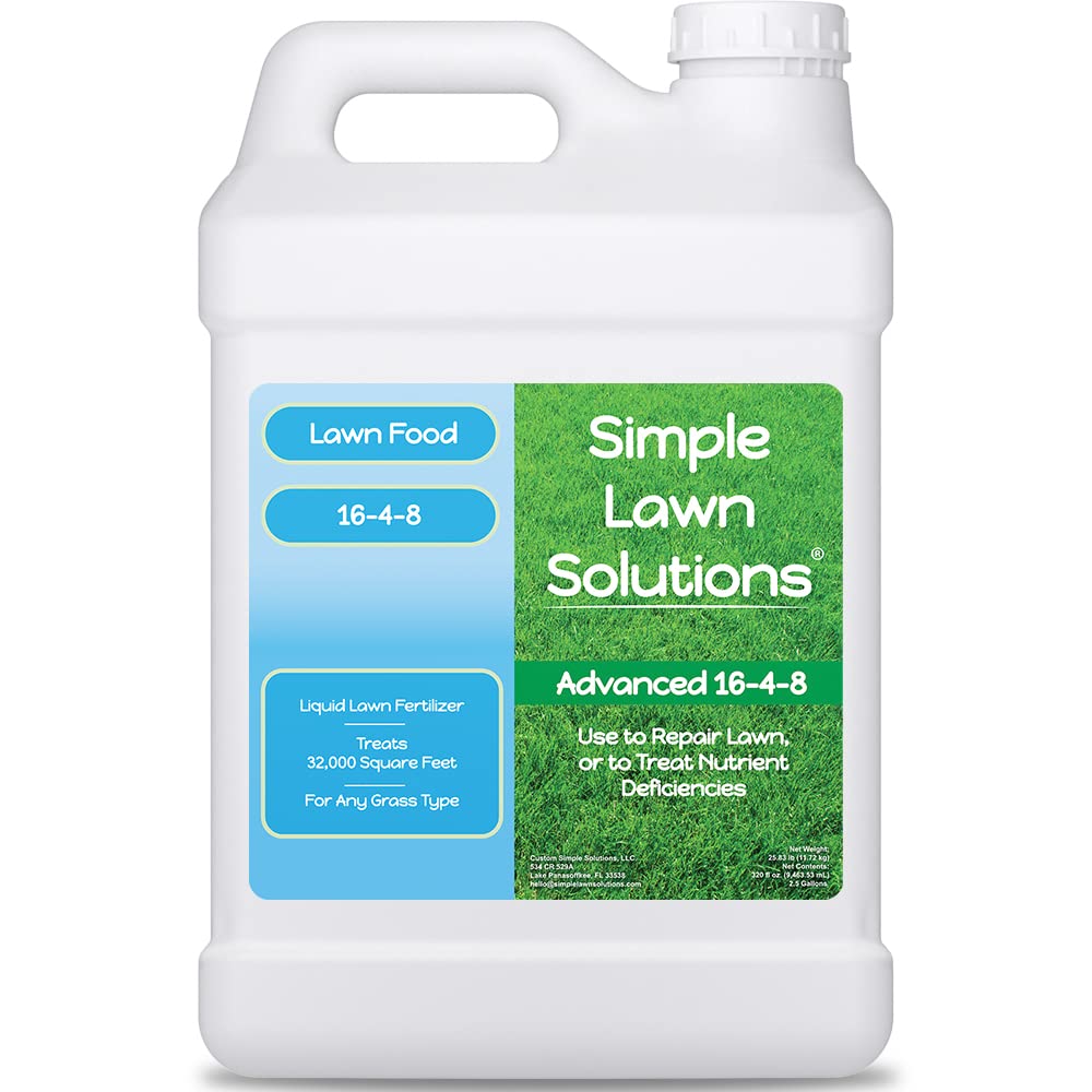 Advanced 16-4-8 Lawn Fertilizer - Liquid Lawn Food Spring & Summer Concentrated Spray - Any Grass Type- Fish and Seaweed Kelp- Balanced NPK - Simple Lawn Solutions (1 Gallon)